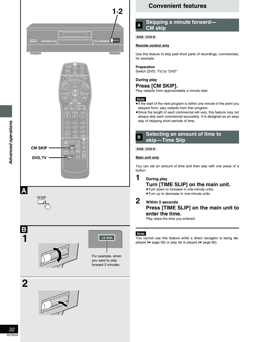 Panasonic DMR-E20 warranty Convenient features, » Skipping a minute forward CM skip 