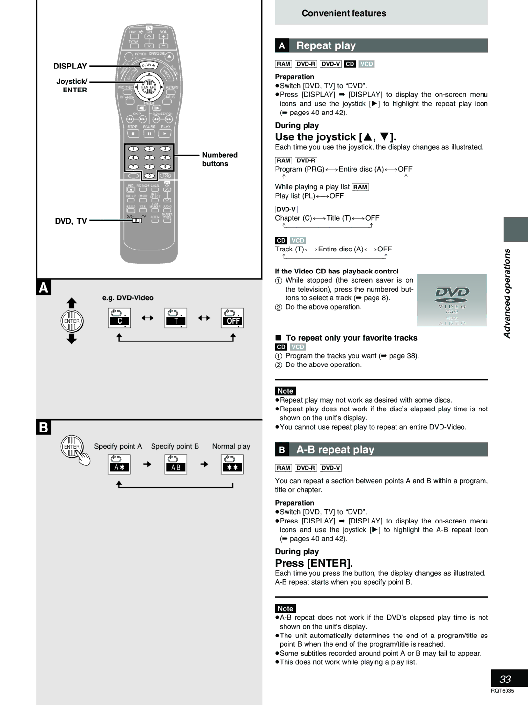 Panasonic DMR-E20 warranty »A Repeat play, Use the joystick 3, »B A-B repeat play, If the Video CD has playback control 