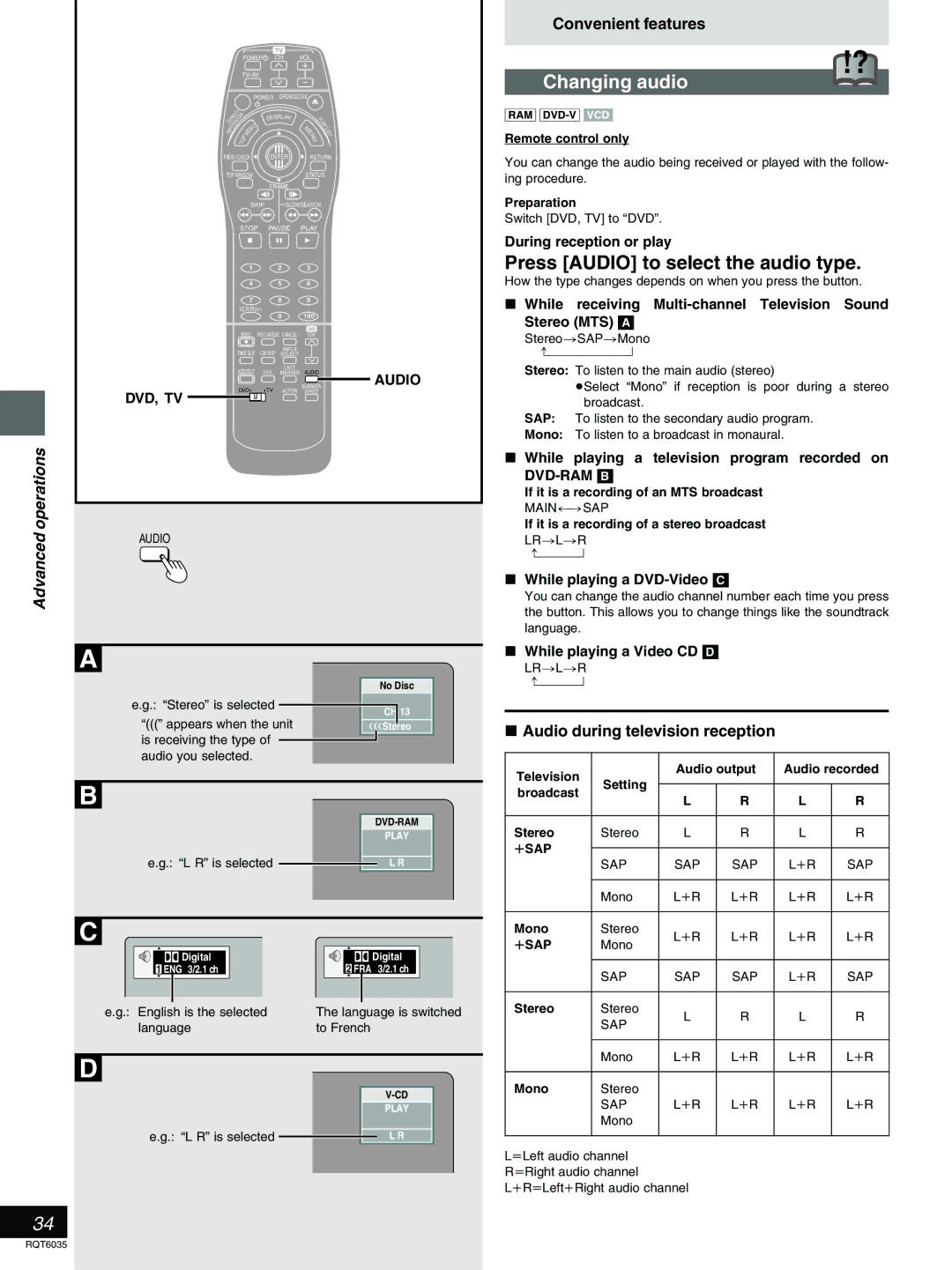 Panasonic DMR-E20 warranty Changing audio, Press Audio to select the audio type, Audio during television reception 