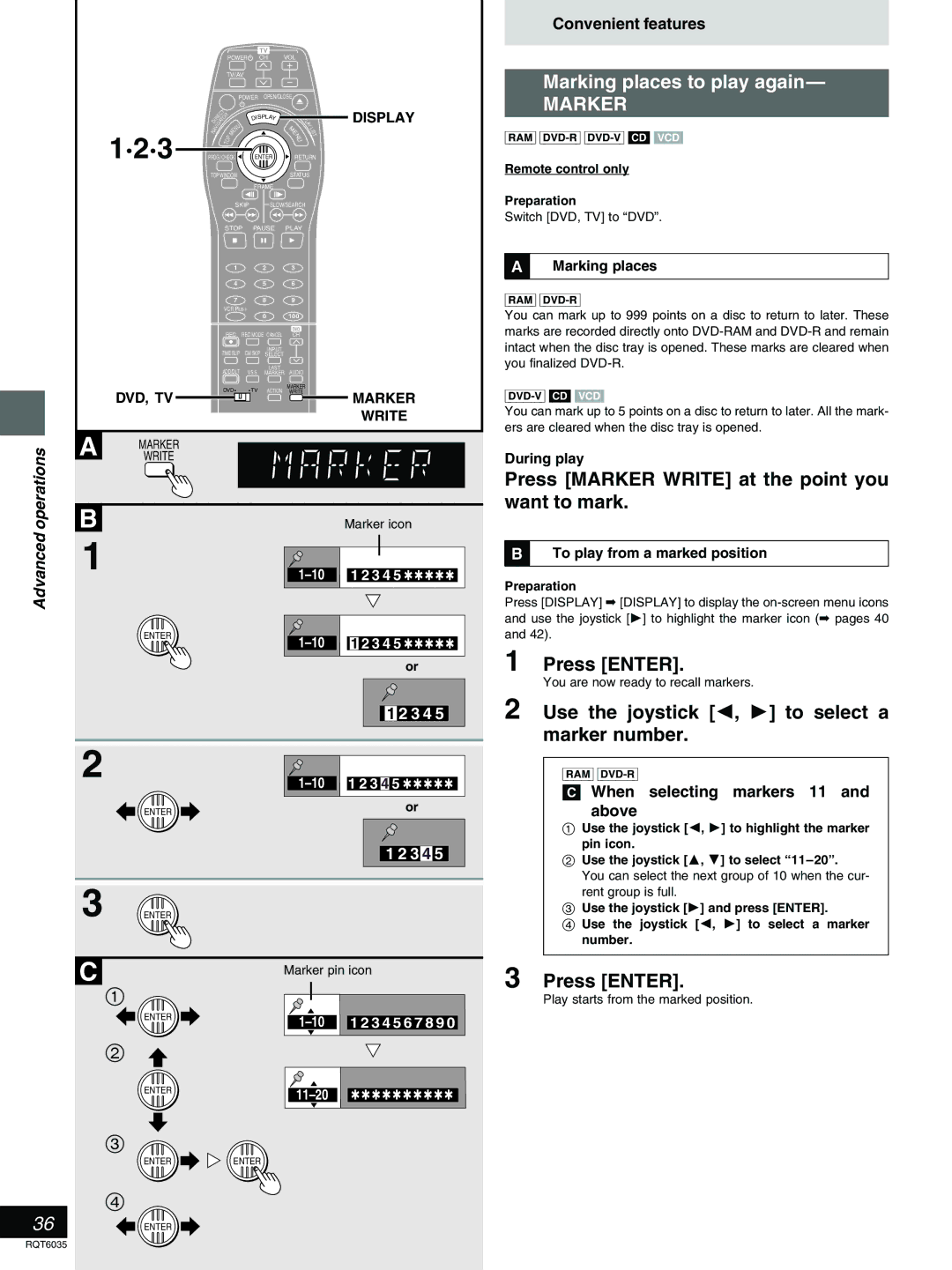 Panasonic DMR-E20 warranty Marking places to play again, Press Marker Write at the point you want to mark 