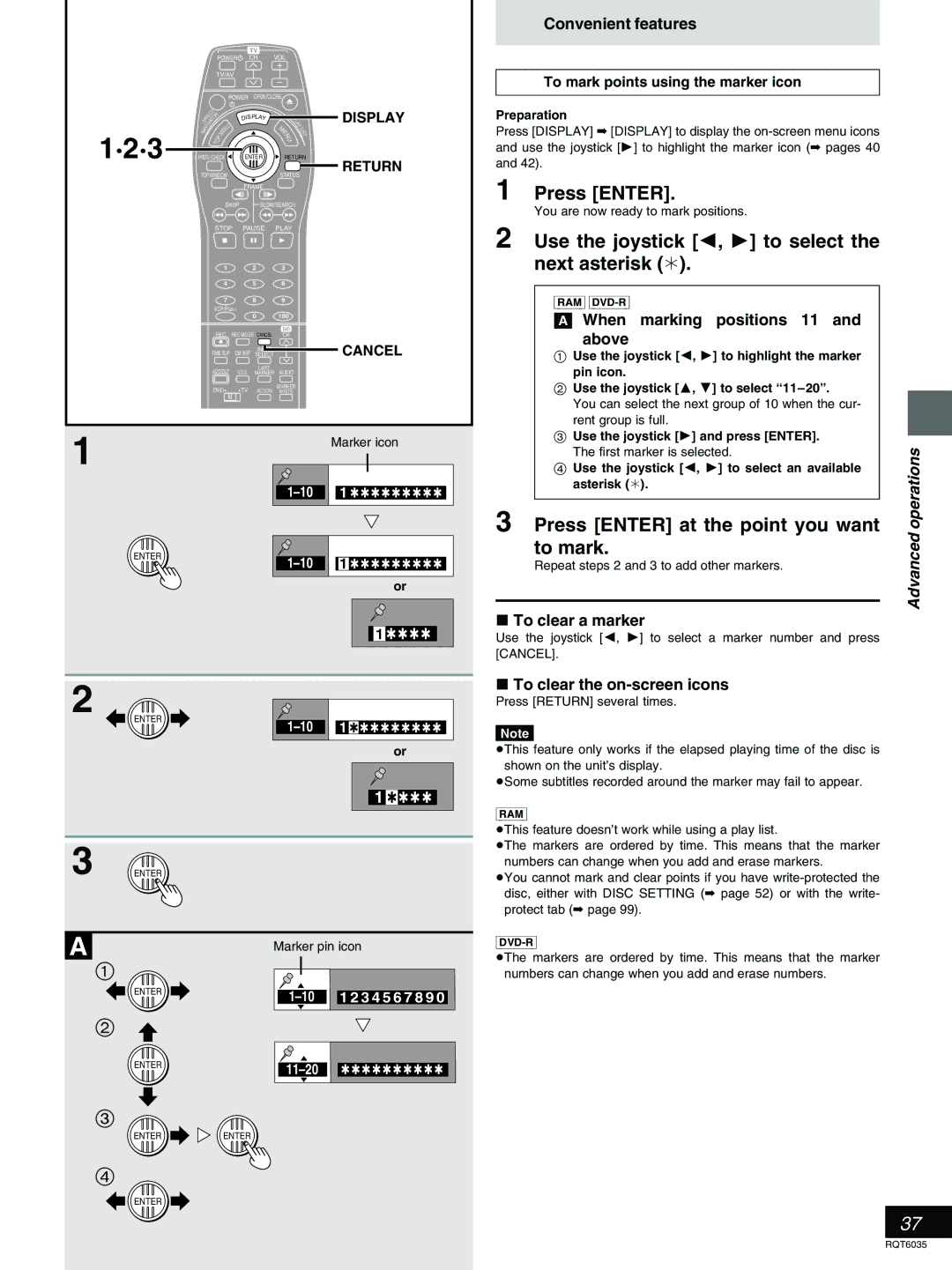 Panasonic DMR-E20 warranty Use the joystick 2, 1 to select the next asterisk ¢, Press Enter at the point you want, To mark 