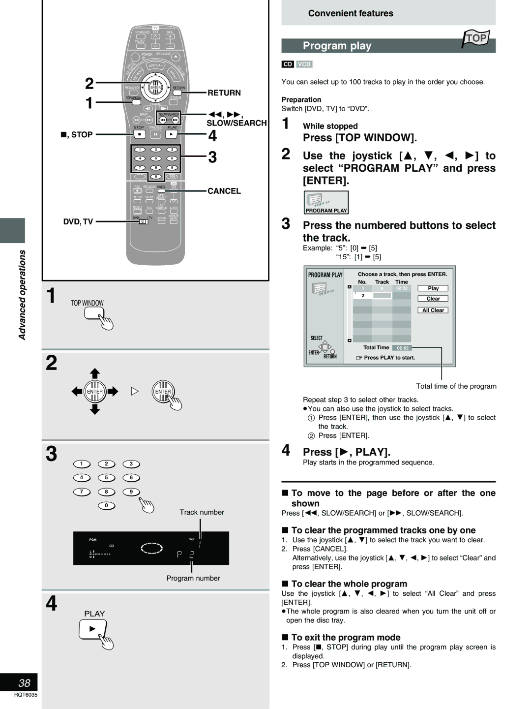 Panasonic DMR-E20 warranty Program play, Press the numbered buttons to select the track 