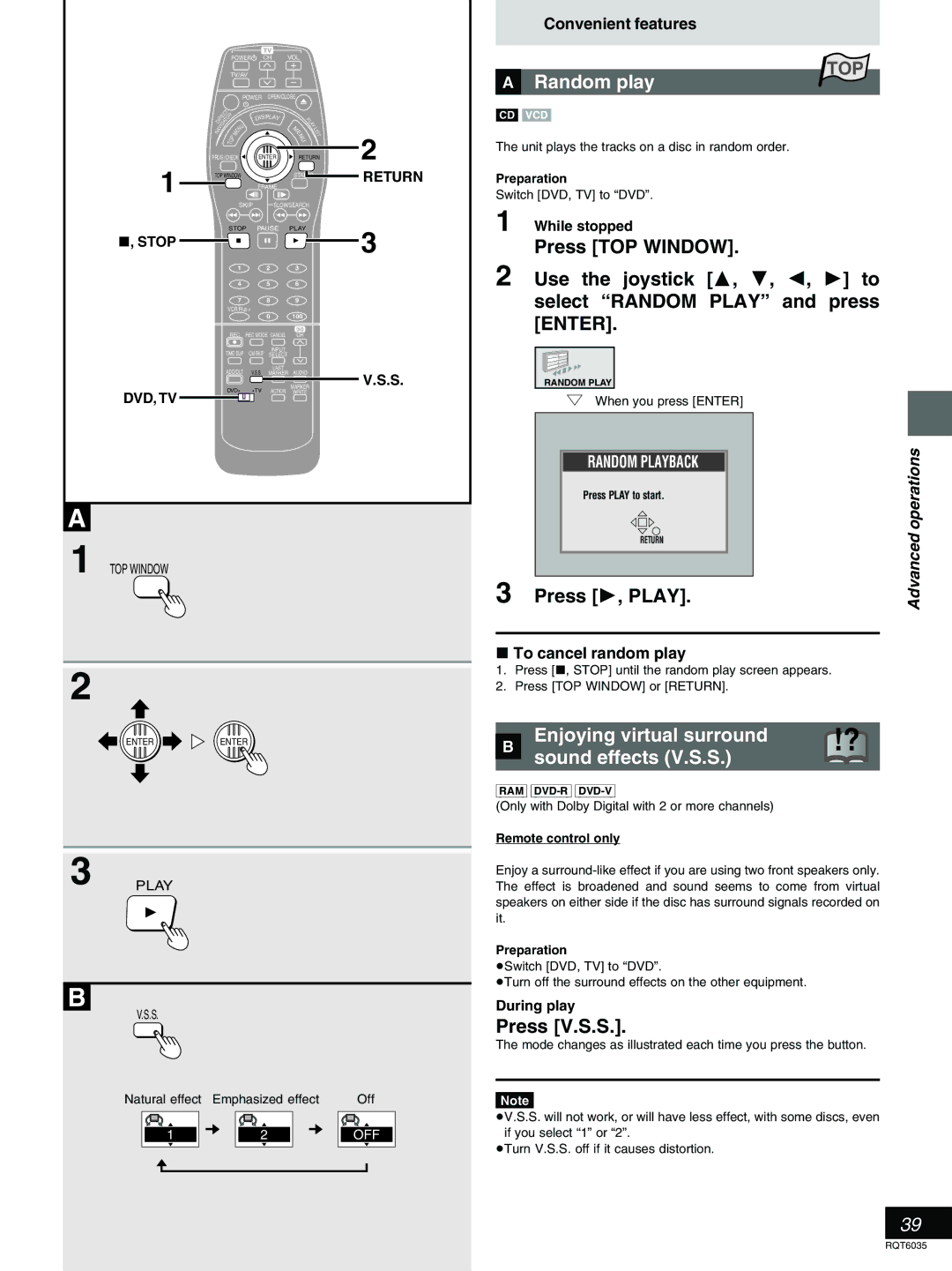 Panasonic DMR-E20 »A Random play, Enjoying virtual surround » sound effects V.S.S, Press V.S.S, To cancel random play 