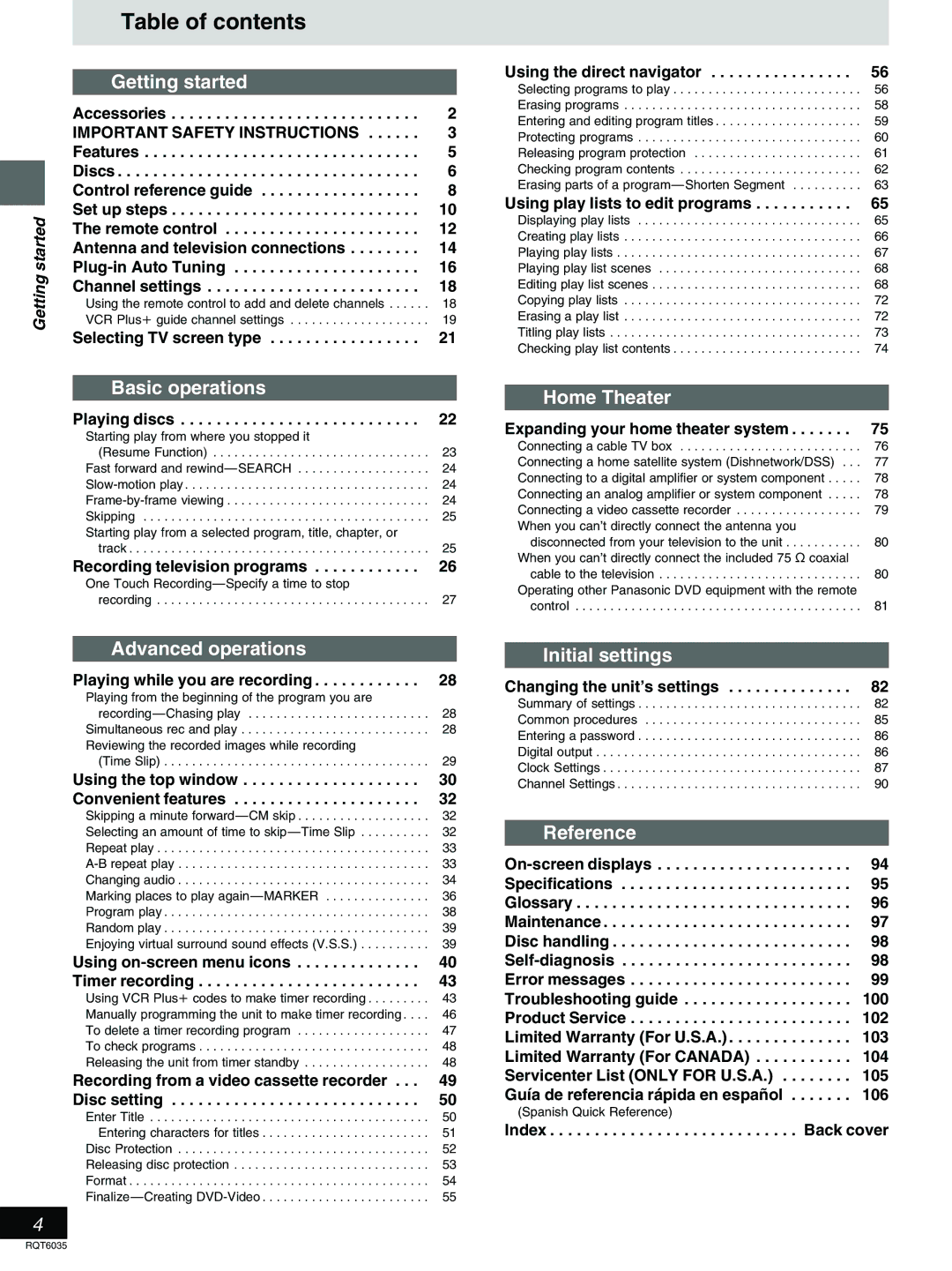 Panasonic DMR-E20 warranty Table of contents 