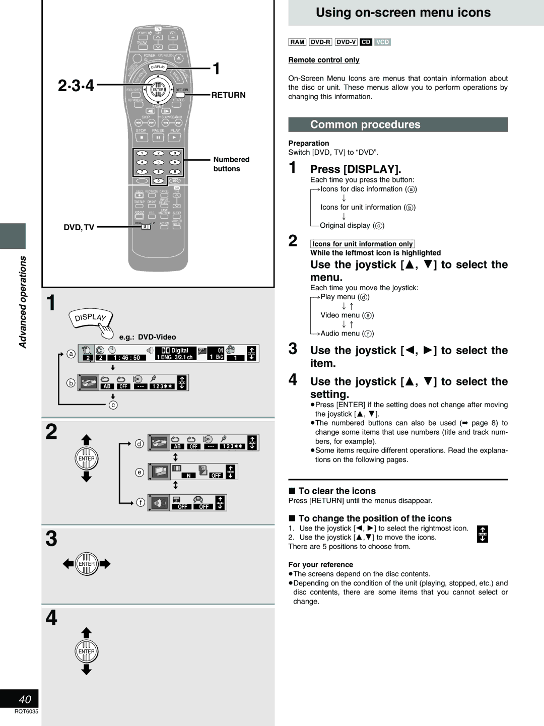 Panasonic DMR-E20 Using on-screen menu icons, Common procedures, Press Display, Use the joystick 3, 4 to select the menu 