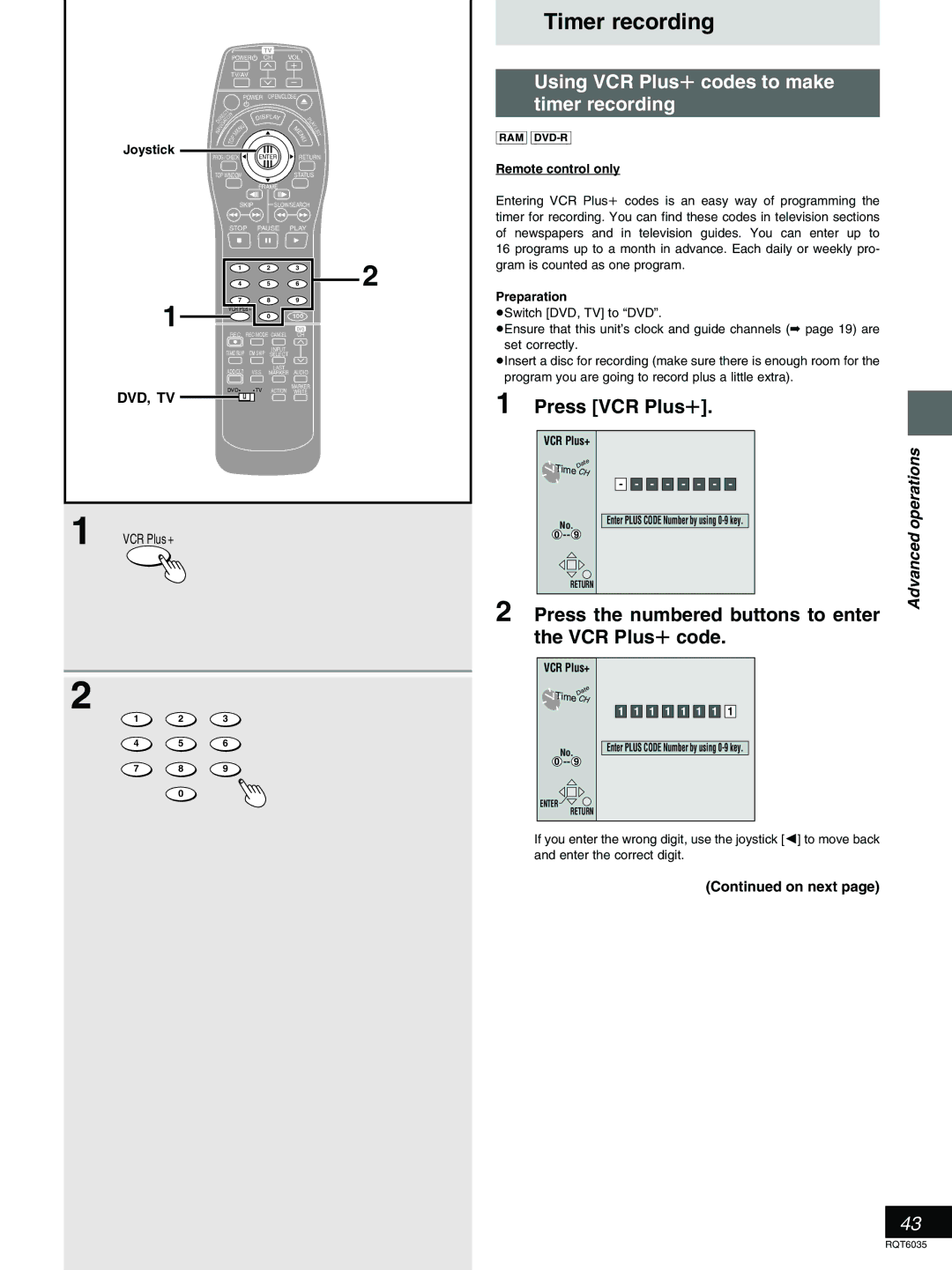 Panasonic DMR-E20 Using VCR Plusr codes to make, Timer recording, Press VCR Plusr, Press the numbered buttons to enter 