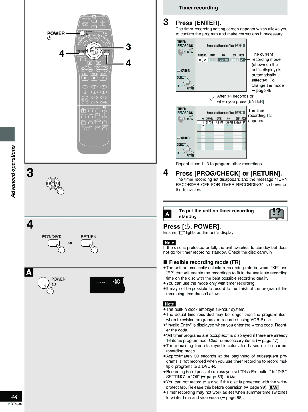 Panasonic DMR-E20 warranty Press PROG/CHECK or Return, Press ê, Power, Timer recording, Flexible recording mode FR 