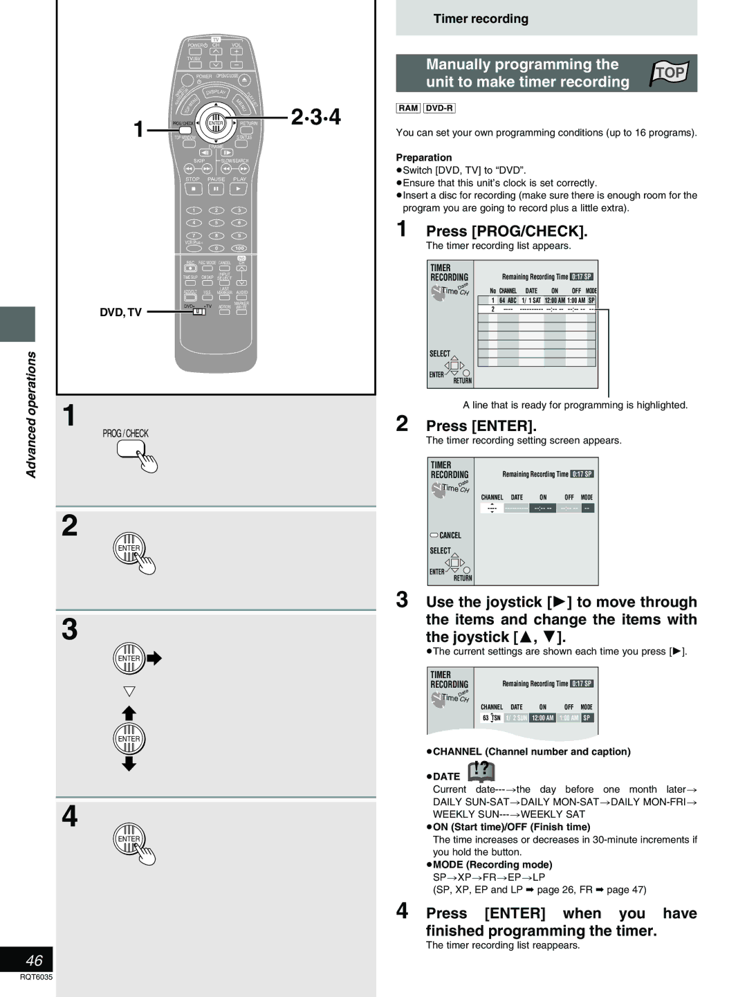 Panasonic DMR-E20 warranty Manually programming, Unit to make timer recording, Press PROG/CHECK 