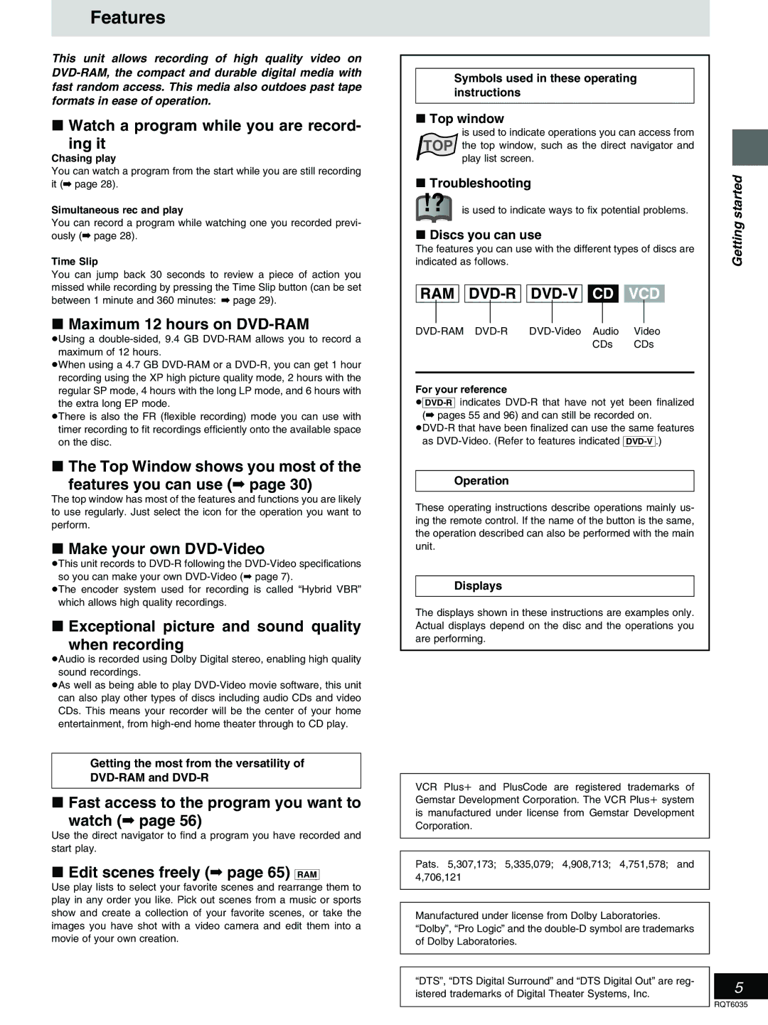 Panasonic DMR-E20 warranty Features 