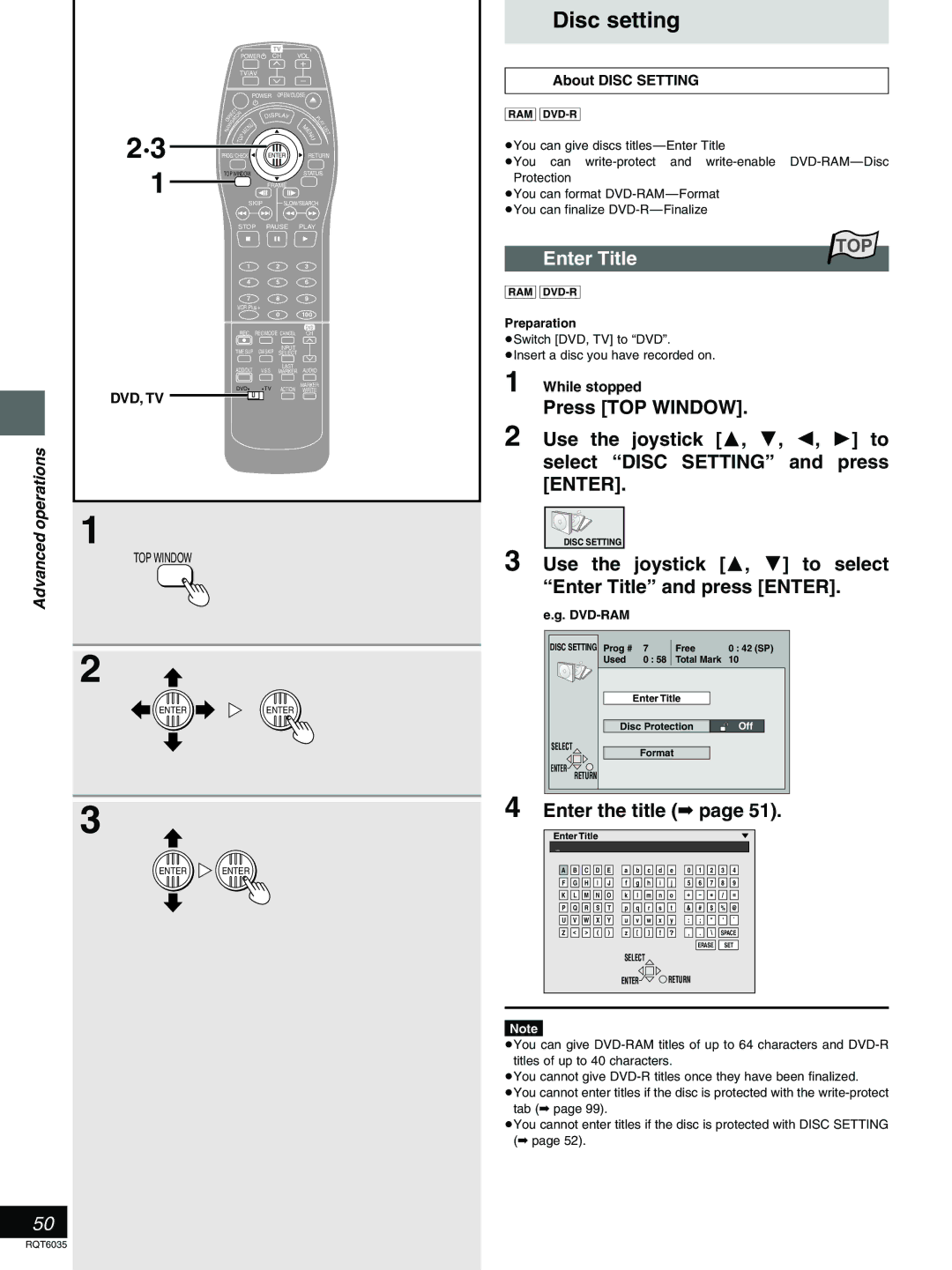 Panasonic DMR-E20 warranty Disc setting, Use the joystick 3, 4 to select Enter Title and press Enter, Enter the title 