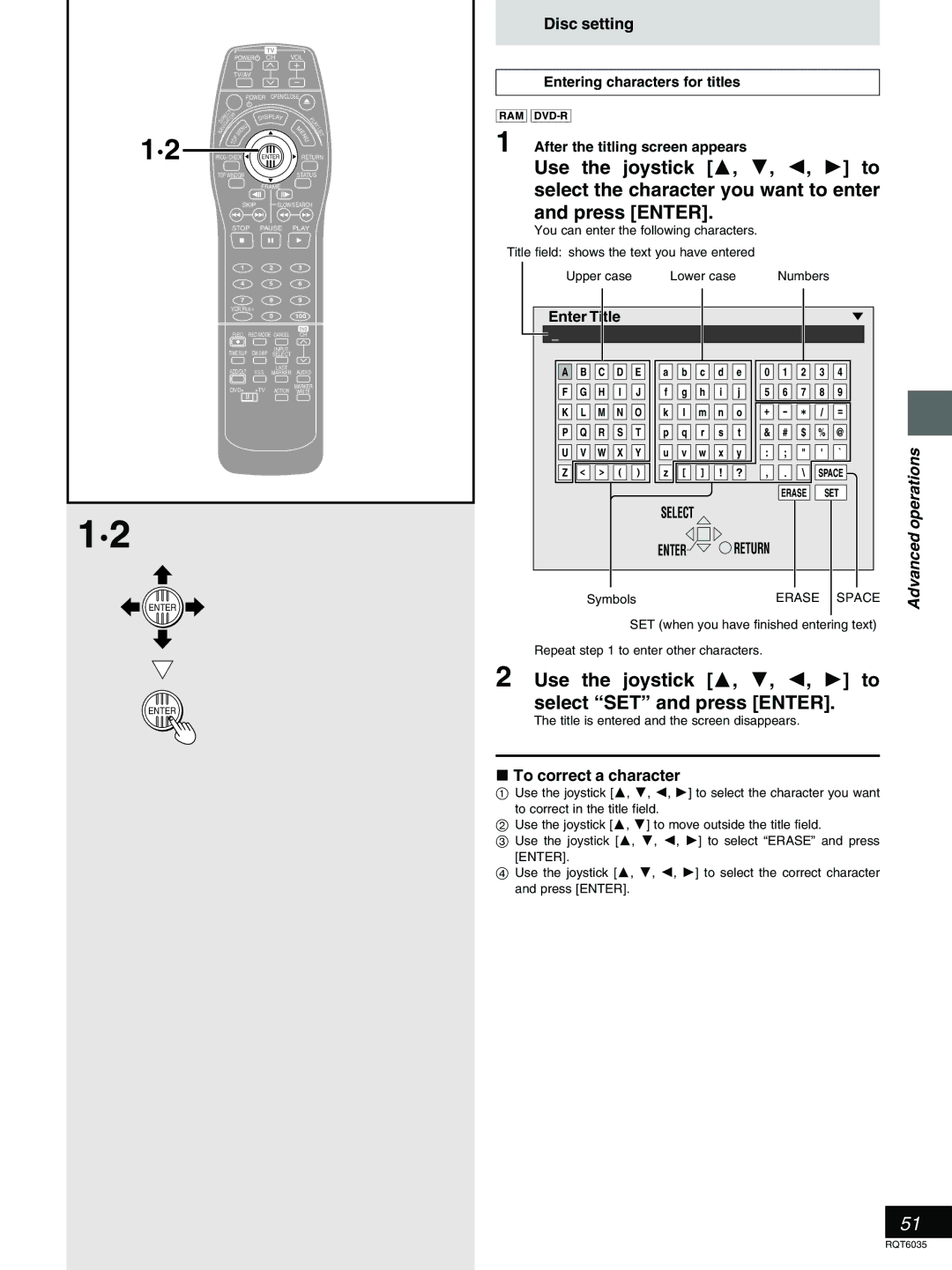 Panasonic DMR-E20 warranty Use the joystick 3, 4, 2, 1 to select SET and press Enter, Disc setting, Enter Title 