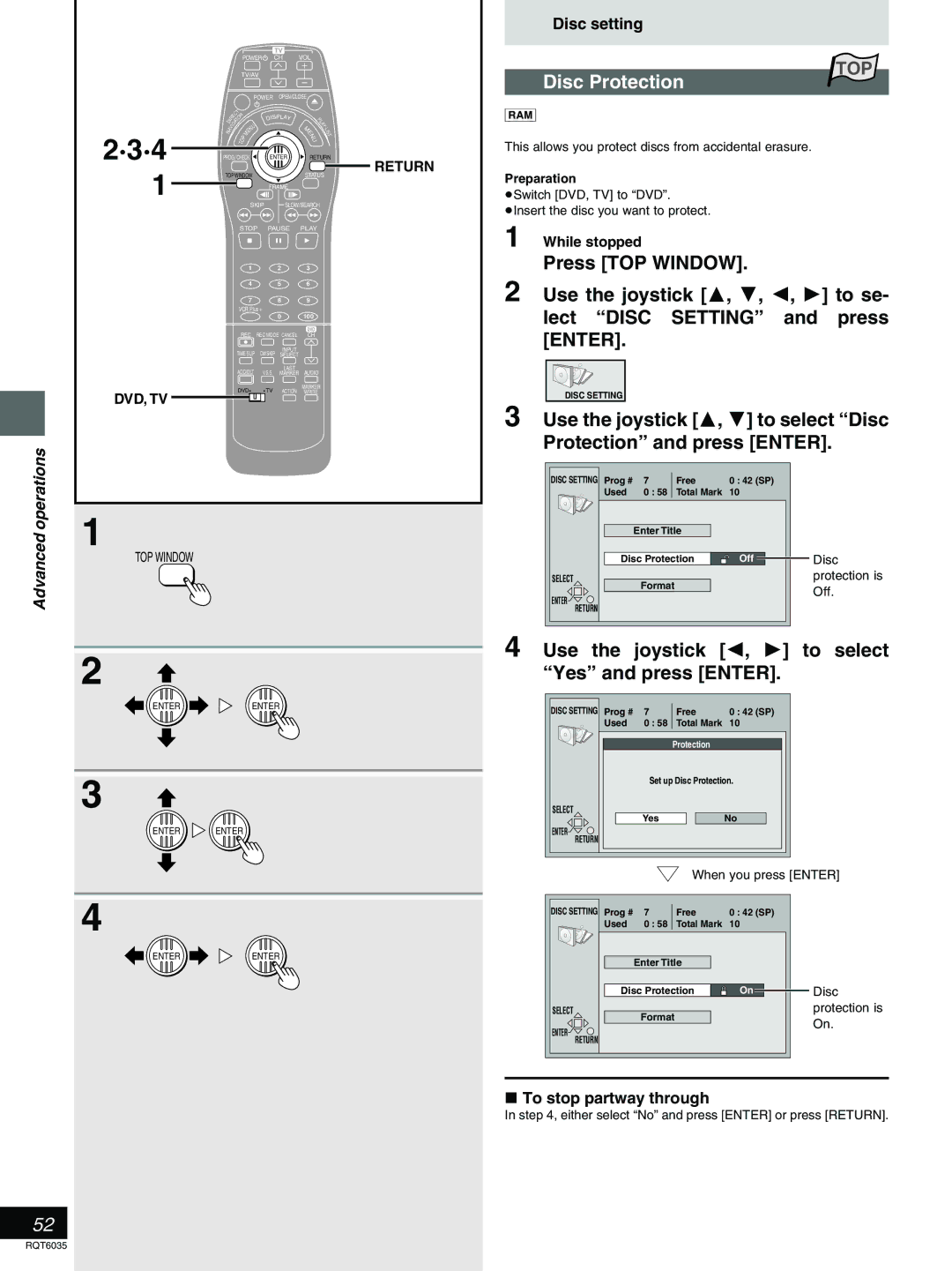 Panasonic DMR-E20 Disc Protection, Use the joystick 2, 1 to select Yes and press Enter, To stop partway through, Off 