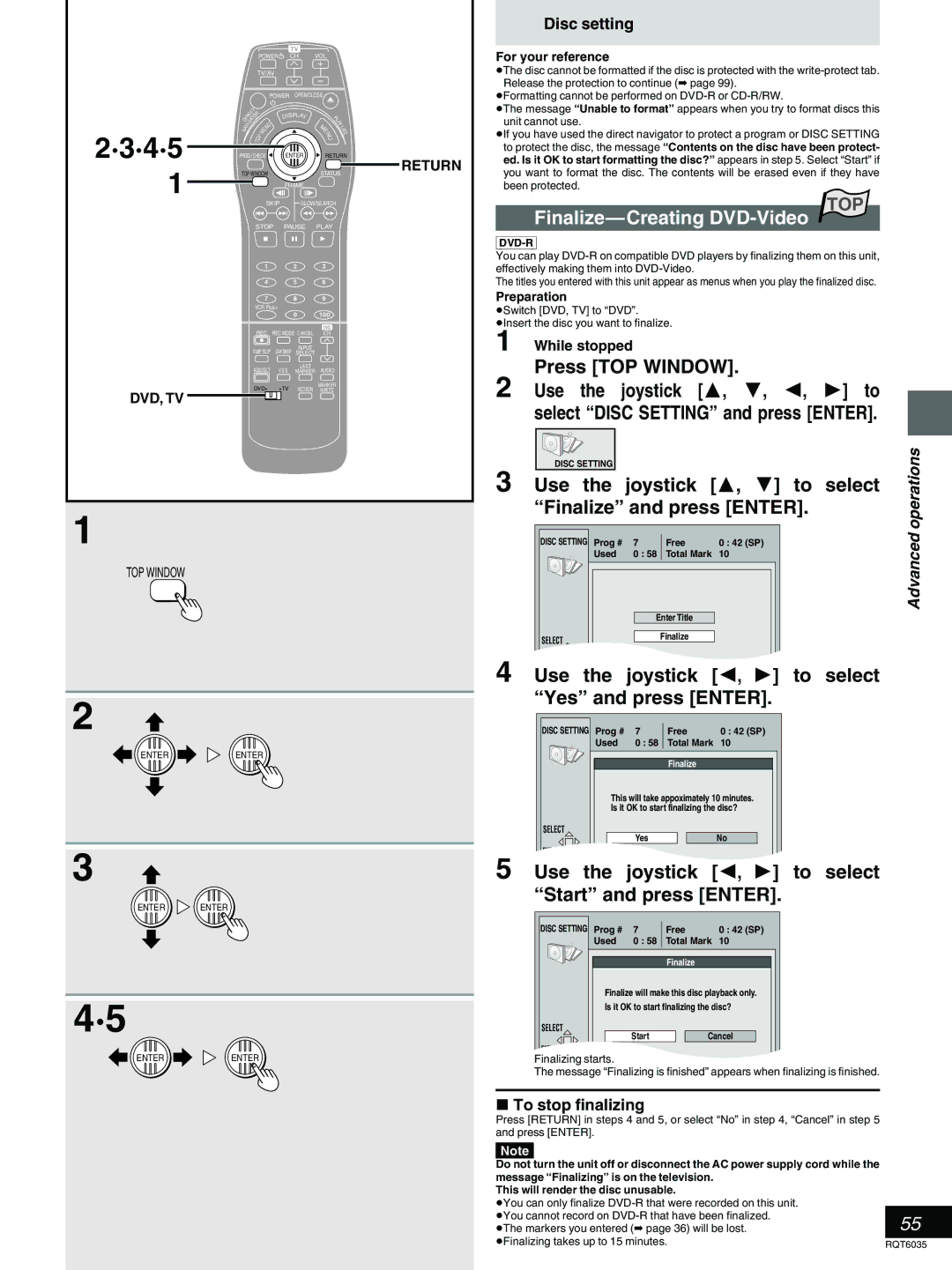 Panasonic DMR-E20 warranty Finalize-Creating DVD-Video, Use Joystick Select Finalize and press Enter, To stop finalizing 