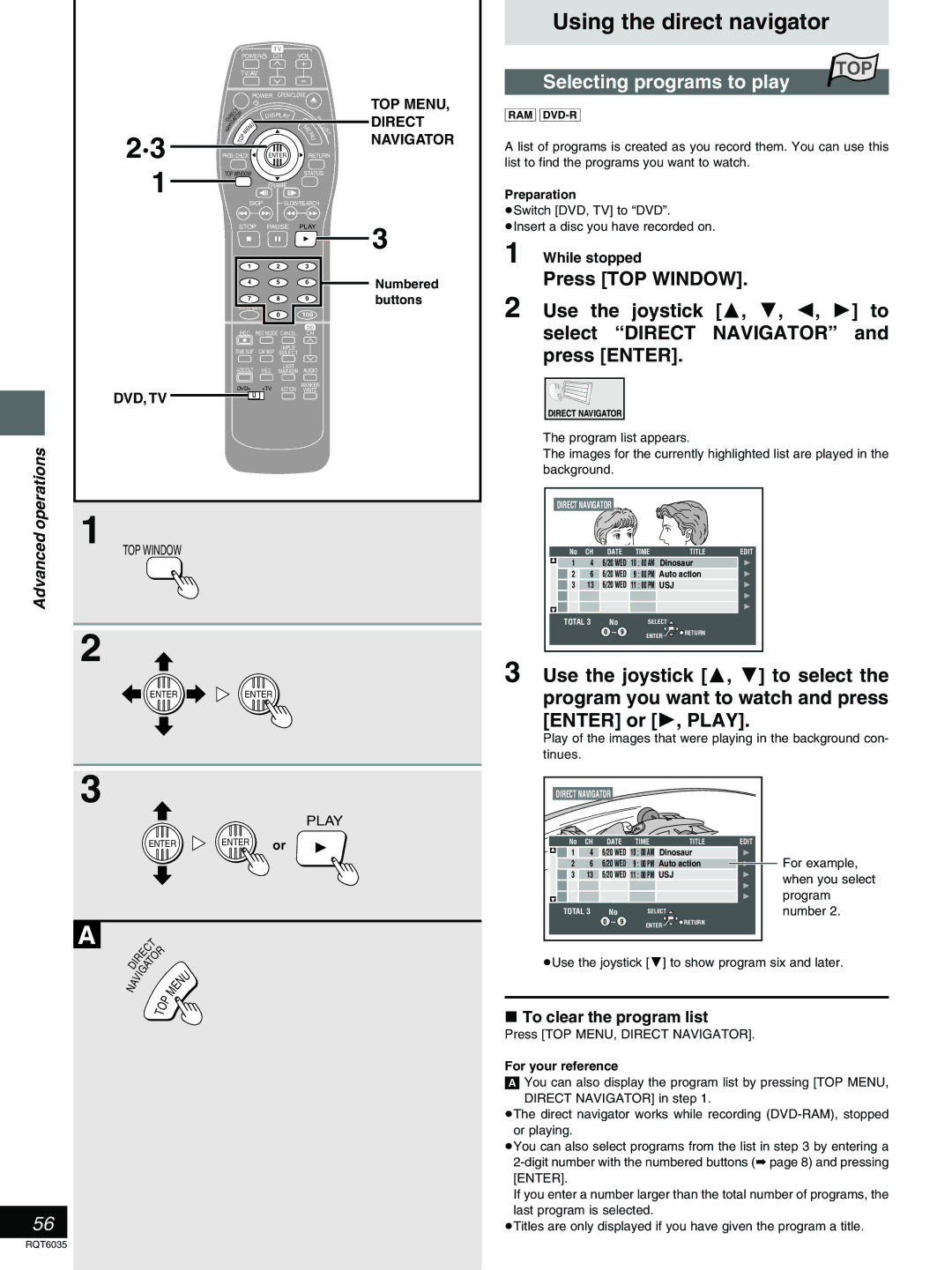 Panasonic DMR-E20 Using the direct navigator, Selecting programs to play, To clear the program list, Program list appears 