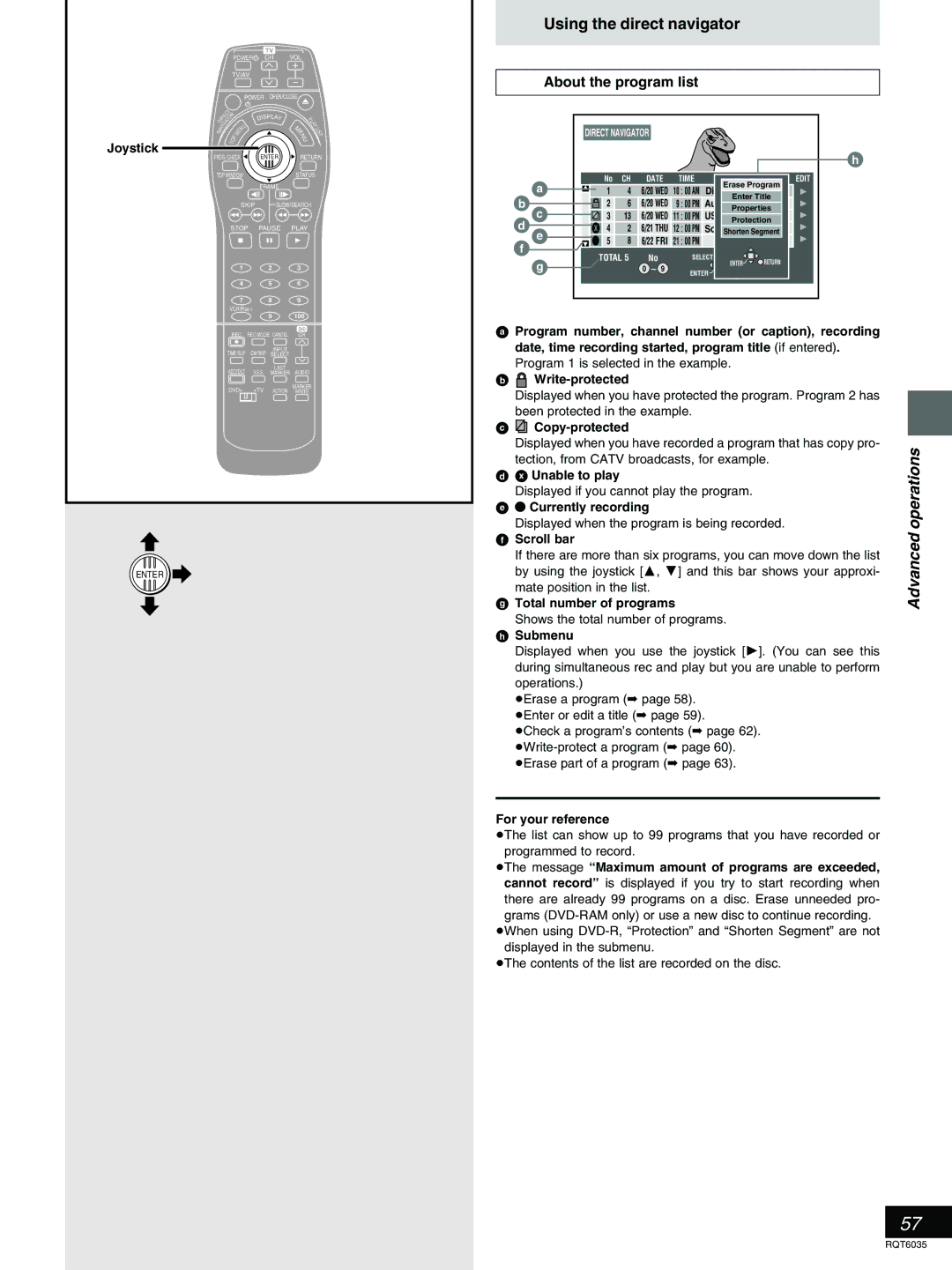 Panasonic DMR-E20 warranty About the program list 