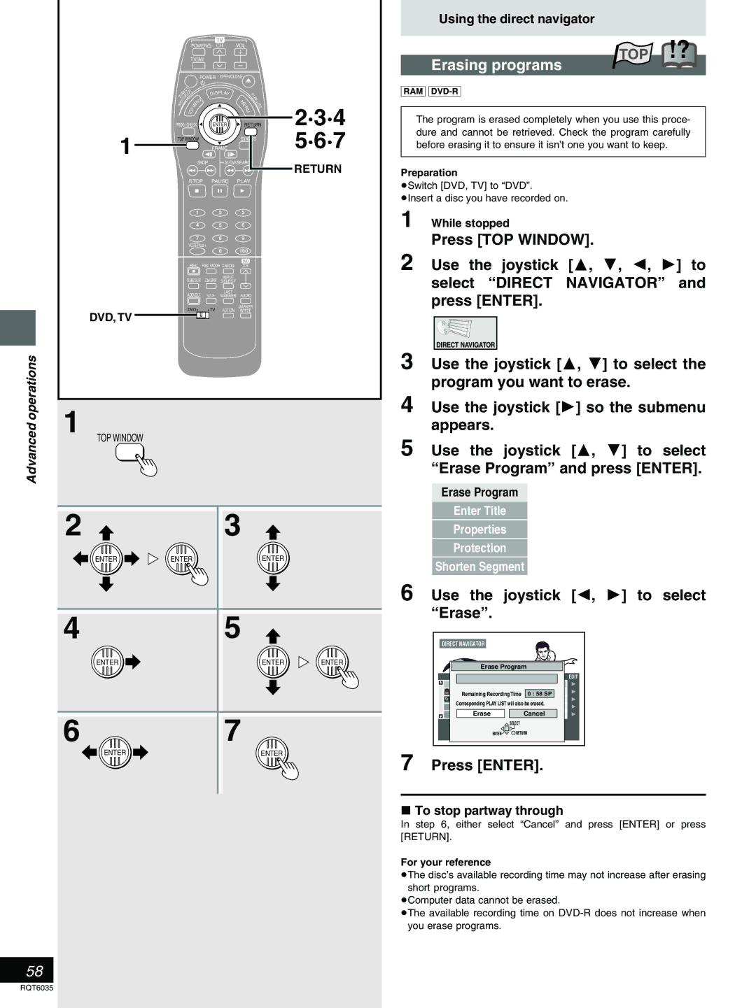 Panasonic DMR-E20 warranty Erasing programs, Press TOP Window, Use the joystick 3, 4, 2, 1 to, Select Direct Navigator 