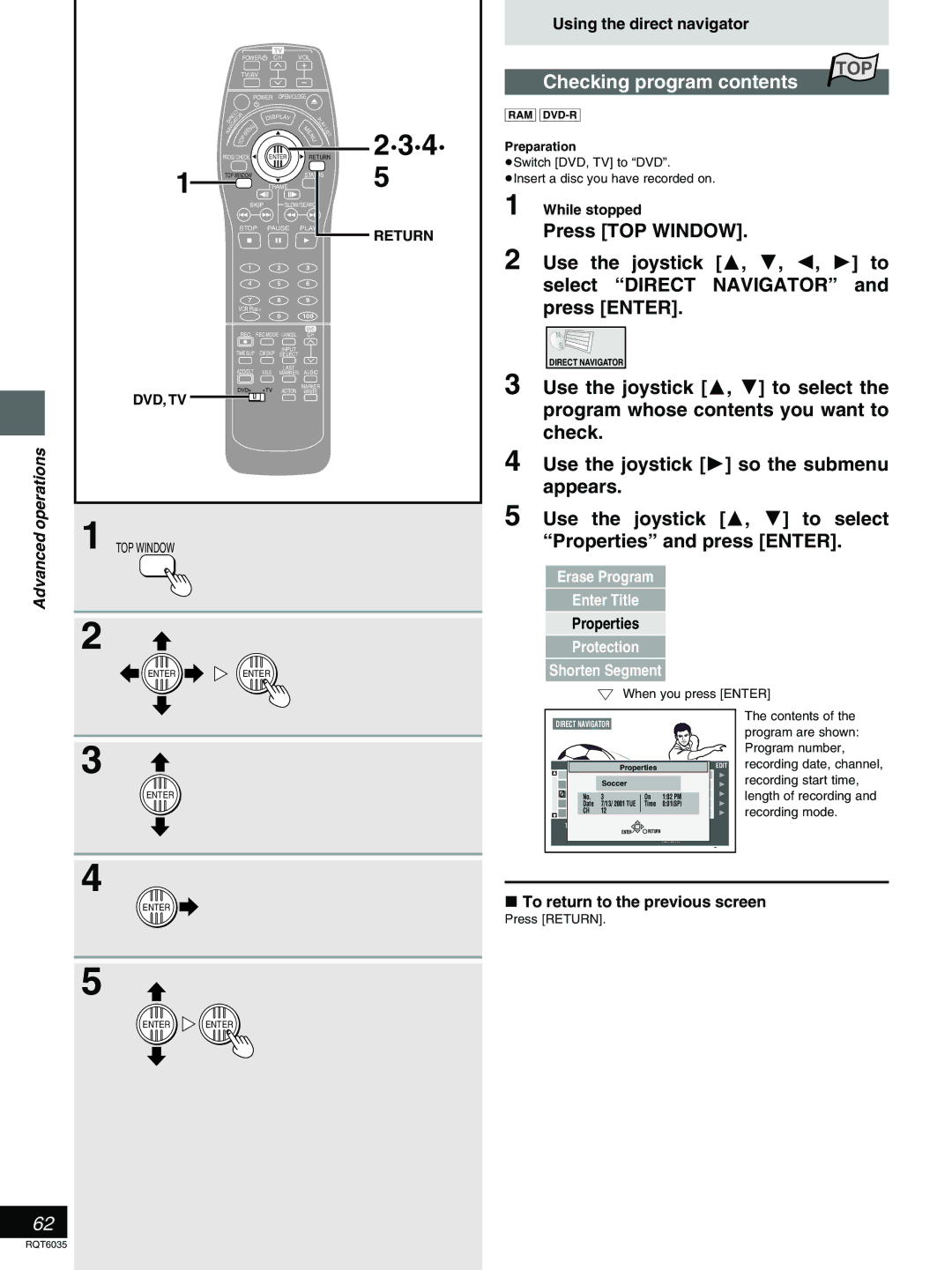 Panasonic DMR-E20 warranty Checking program contents 