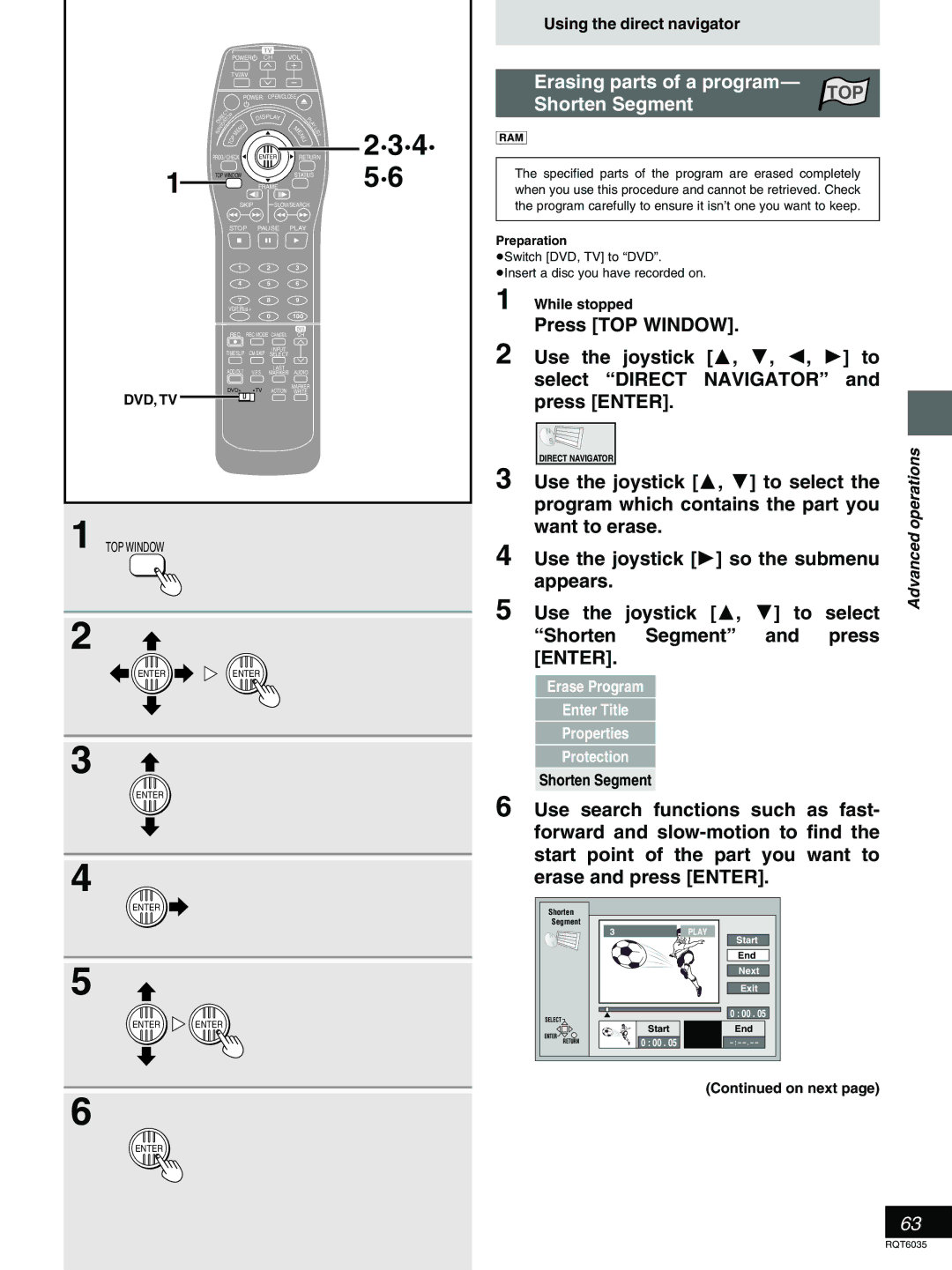 Panasonic DMR-E20 warranty Erasing parts of a program, Shorten Segment 