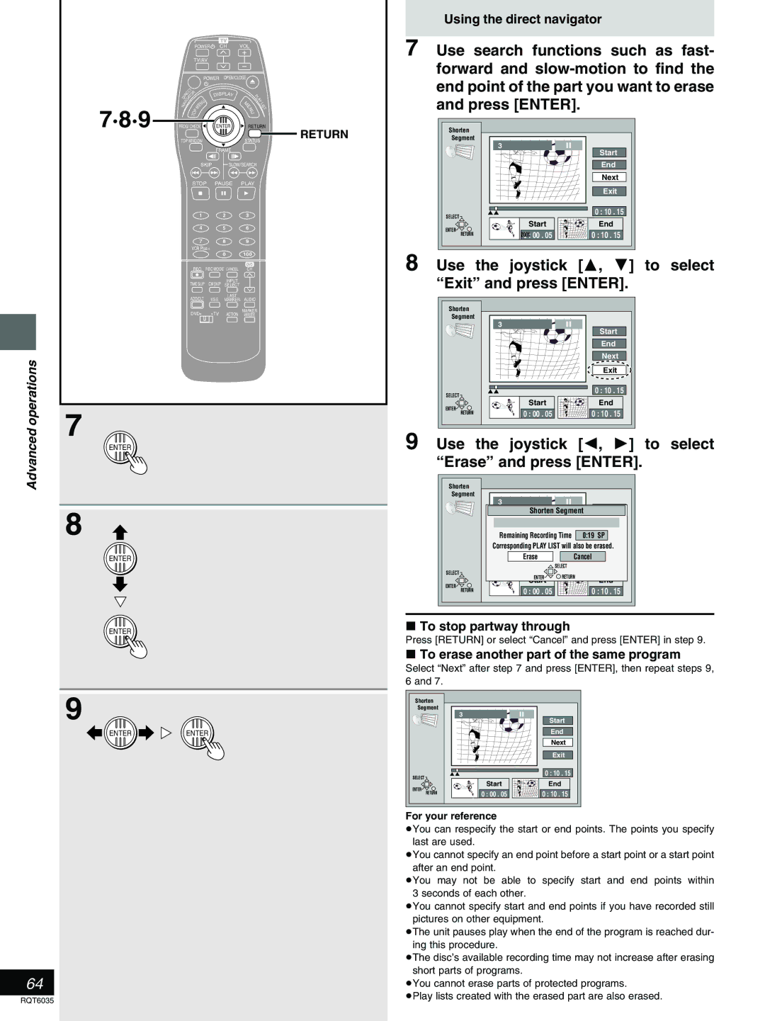 Panasonic DMR-E20 warranty Use the joystick 3, 4 to select Exit and press Enter, To erase another part of the same program 