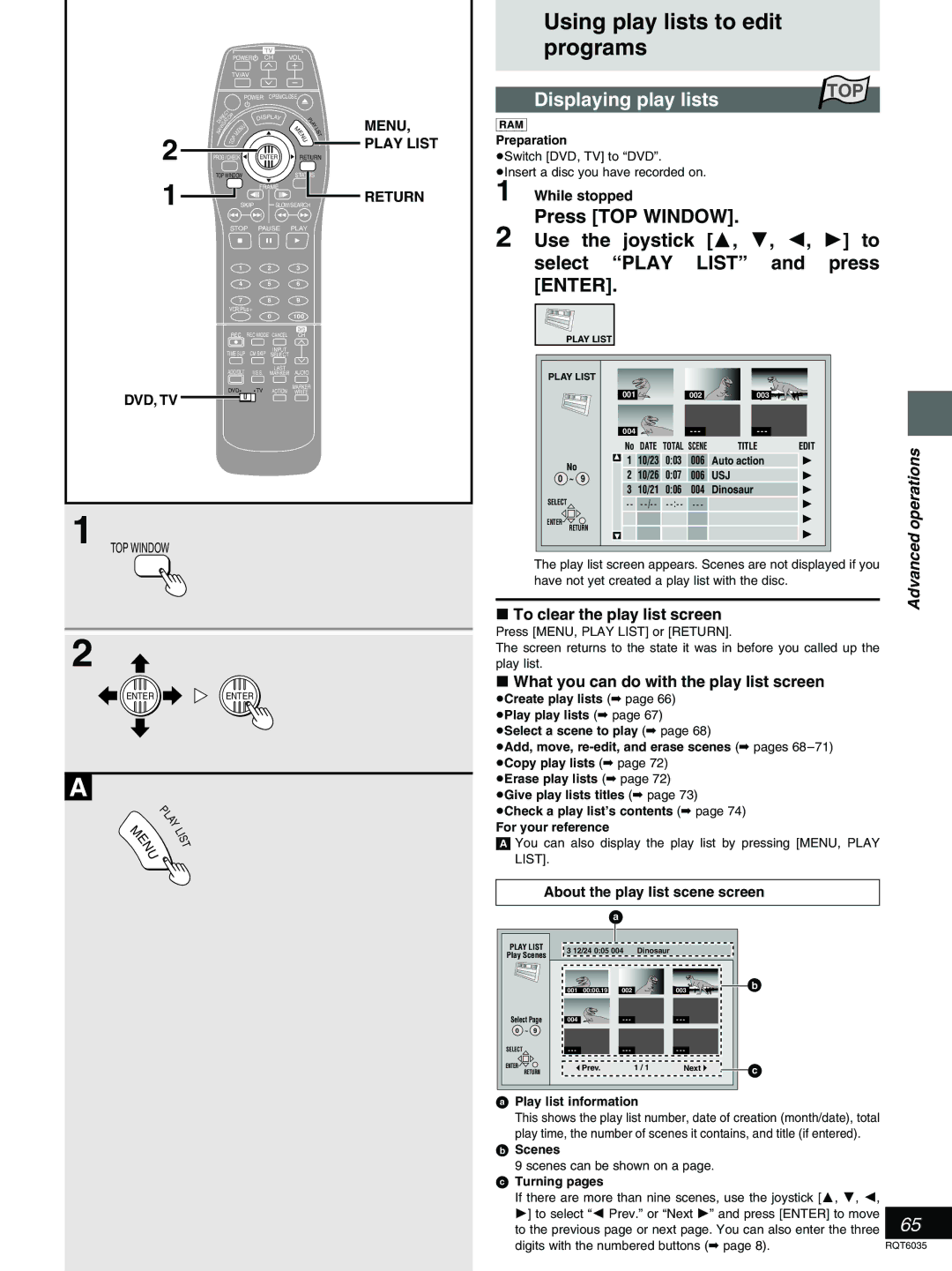 Panasonic DMR-E20 warranty Displaying play lists, Use the joystick 3, 4, 2, 1 to, Select Play List and press 