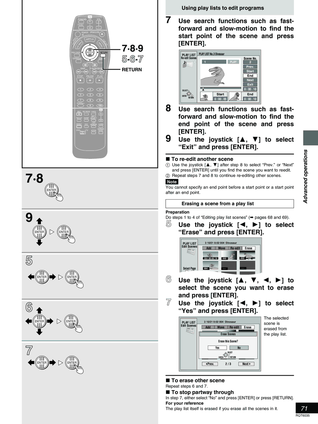 Panasonic DMR-E20 # Use the joystick 2, 1 to select Erase and press Enter, To re-edit another scene, To erase other scene 