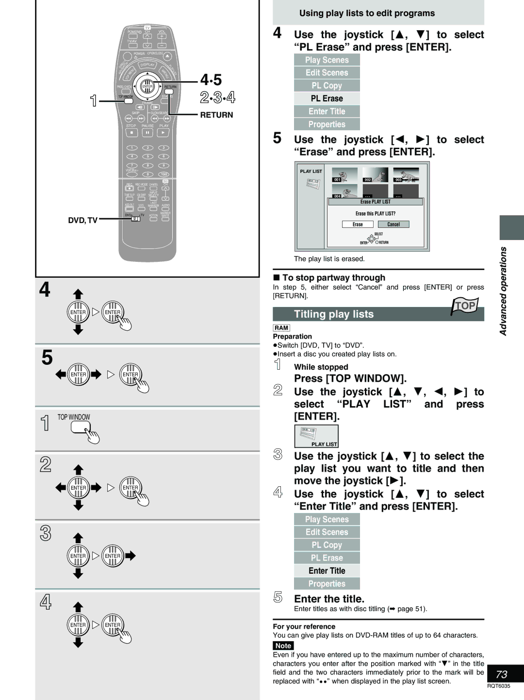 Panasonic DMR-E20 warranty Use the joystick 3, 4 to select PL Erase and press Enter, Titling play lists, # Enter the title 