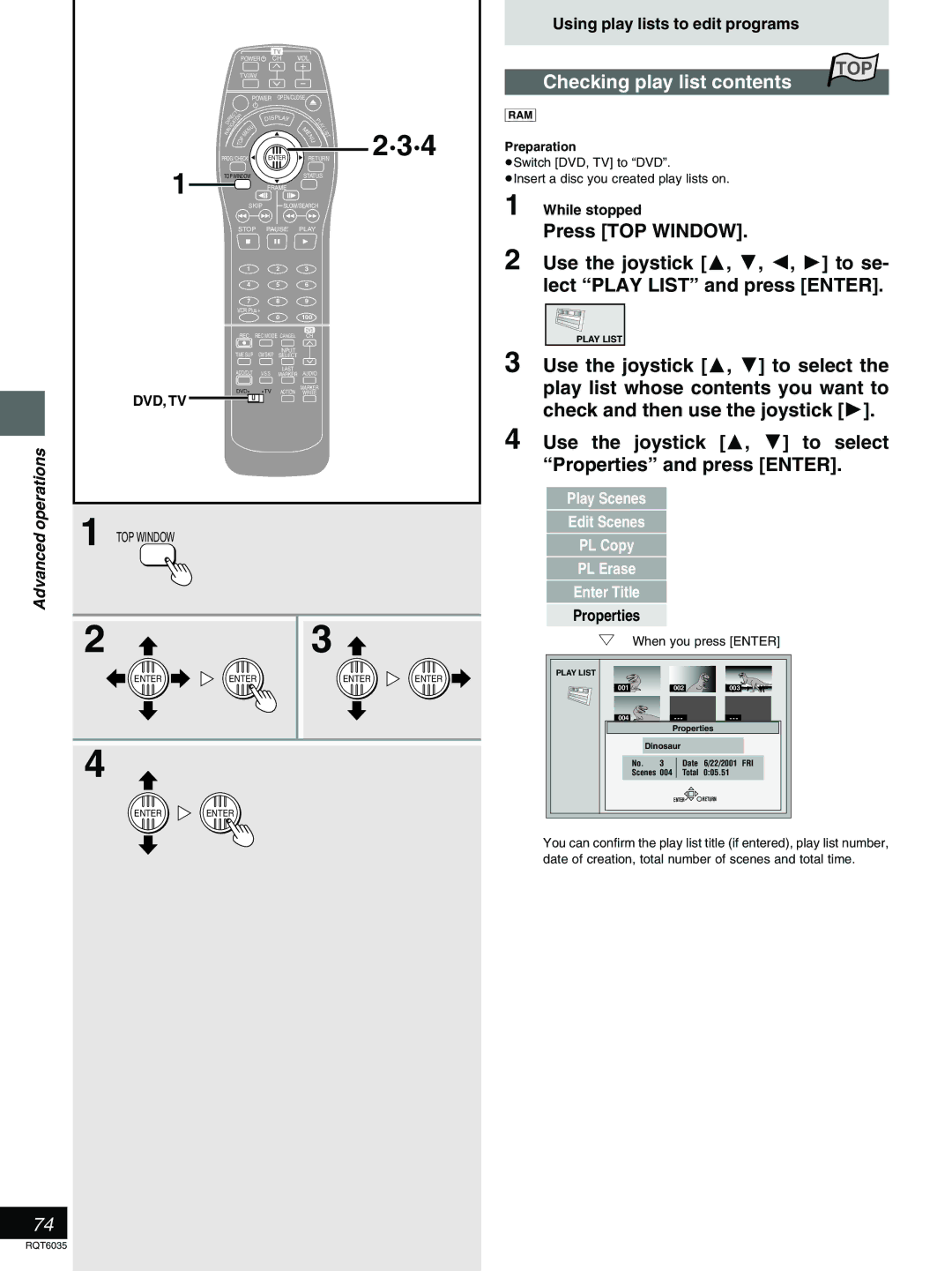 Panasonic DMR-E20 warranty Checking play list contents 