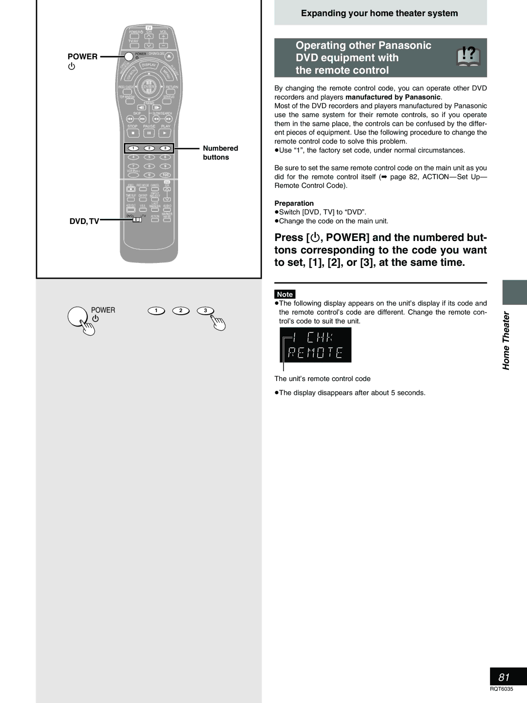 Panasonic DMR-E20 warranty Preparation, ³Switch DVD, TV to DVD ³Change the code on the main unit 