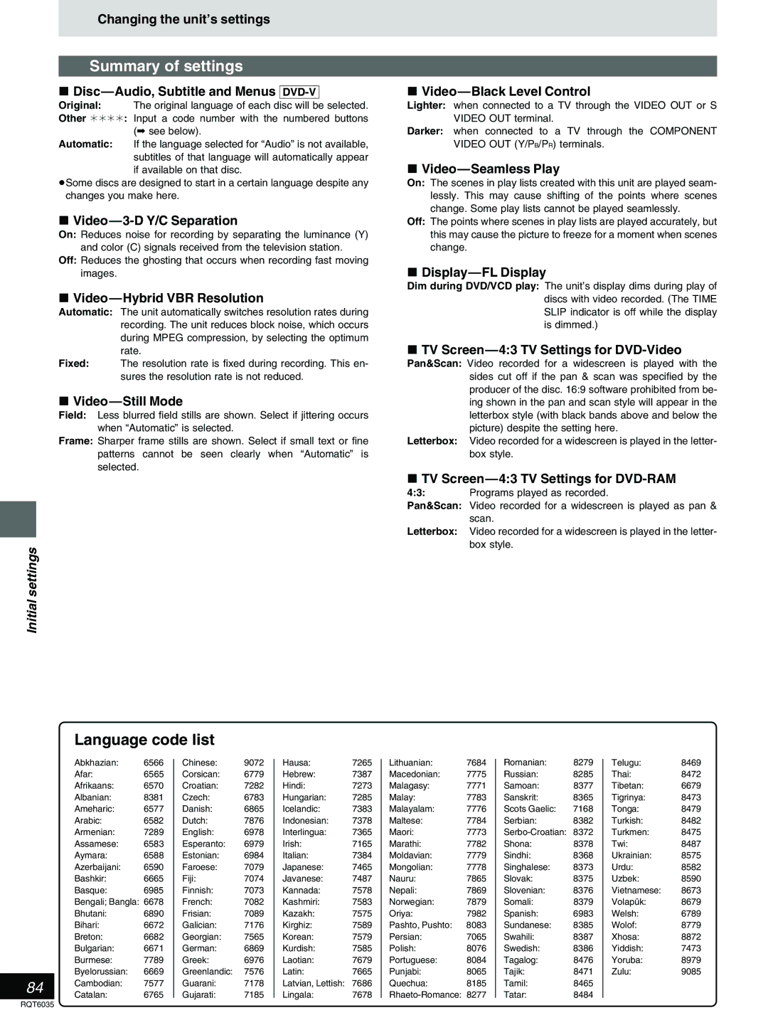 Panasonic DMR-E20 warranty Language code list 