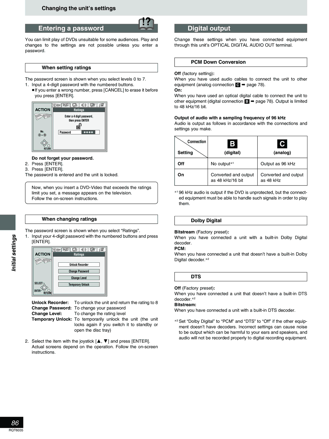 Panasonic DMR-E20 warranty Entering a password, Digital output 