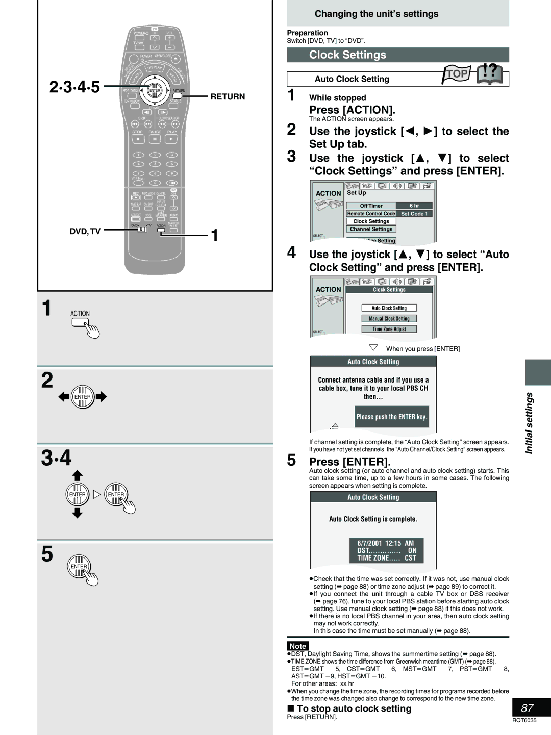 Panasonic DMR-E20 warranty Clock Settings, Press Action, To stop auto clock setting, Auto Clock Setting 