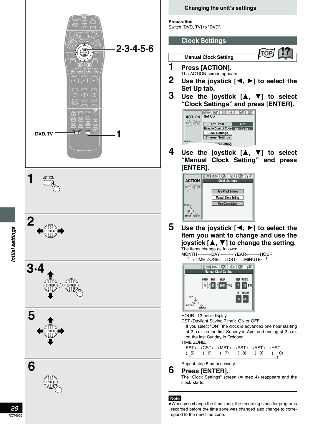 Panasonic DMR-E20 warranty Use the joystick To select Manual Clock Setting and press, Time Zonedstminutej 