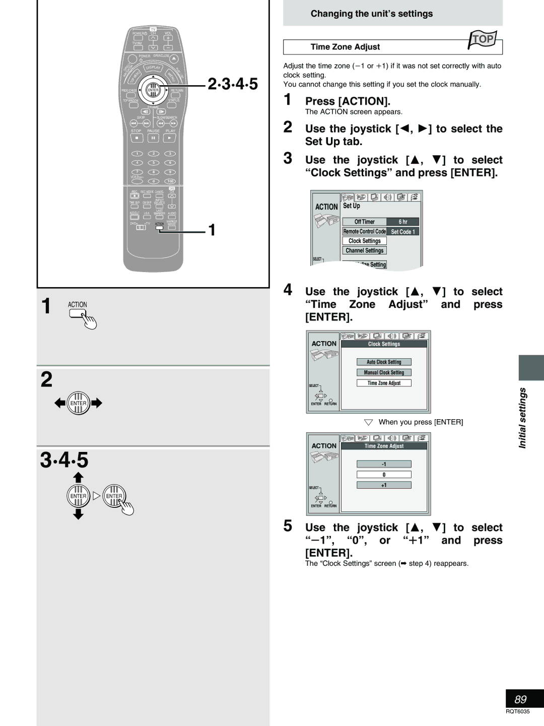 Panasonic DMR-E20 warranty Time Zone Adjust, Set Up, Clock Settings screen reappears 