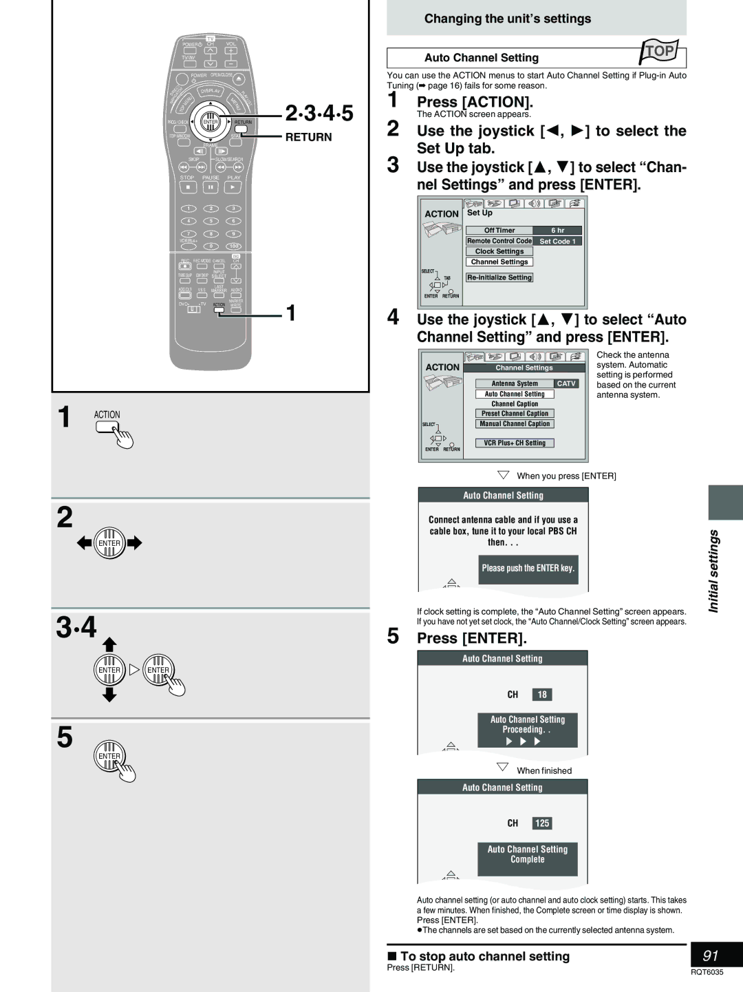 Panasonic DMR-E20 warranty To stop auto channel setting, Auto Channel Setting, Use the joystick 2, 1 to select 