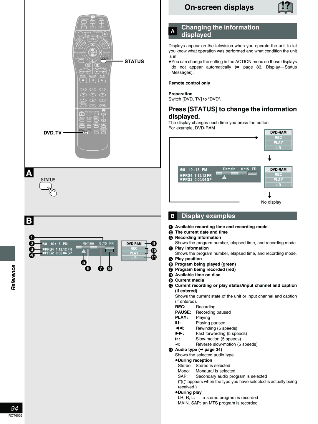 Panasonic DMR-E20 warranty On-screen displays, » Changing the information Displayed, »B Display examples, Play information 