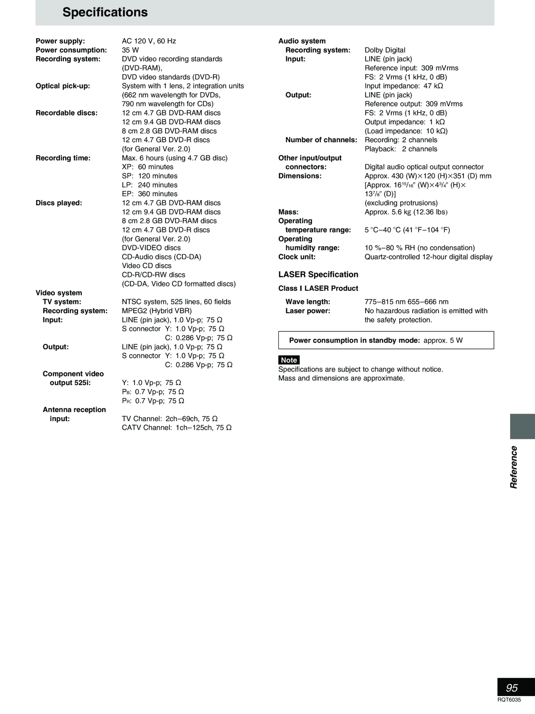 Panasonic DMR-E20 warranty Specifications, Laser Specification 