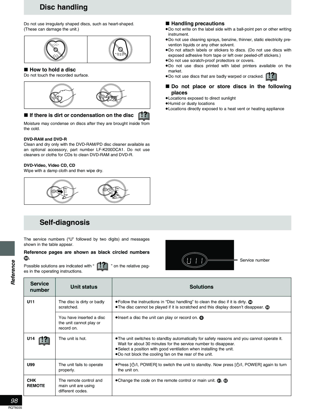 Panasonic DMR-E20 warranty Disc handling, Self-diagnosis 