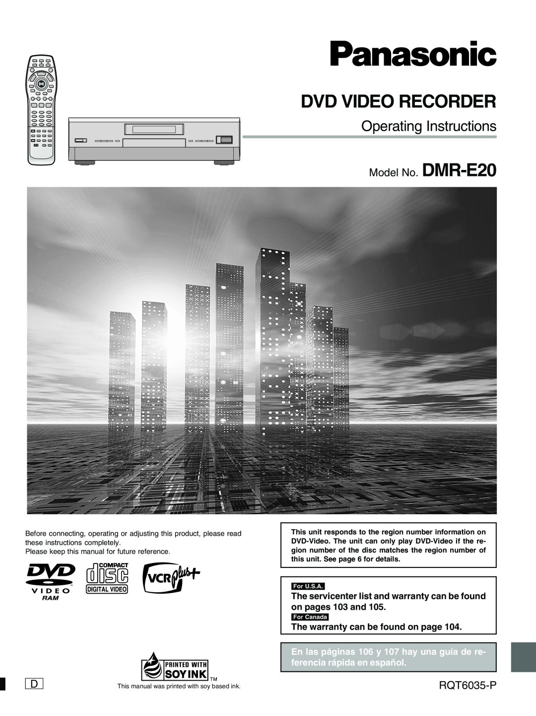 Panasonic warranty Dvd Video Recorder, Operating Instructions, Model No. DMR-E20, RQT6035-P 