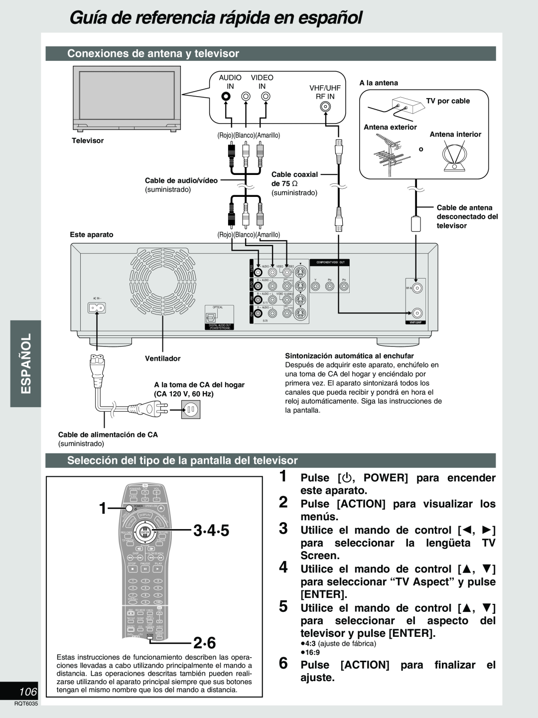 Panasonic DMR-E20 warranty 3·4·5, Guía de referencia rápida en español, Español, Conexiones de antena y televisor 