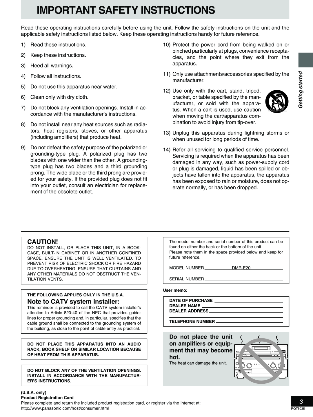 Panasonic DMR-E20 warranty Important Safety Instructions, Note to CATV system installer, Getting started 