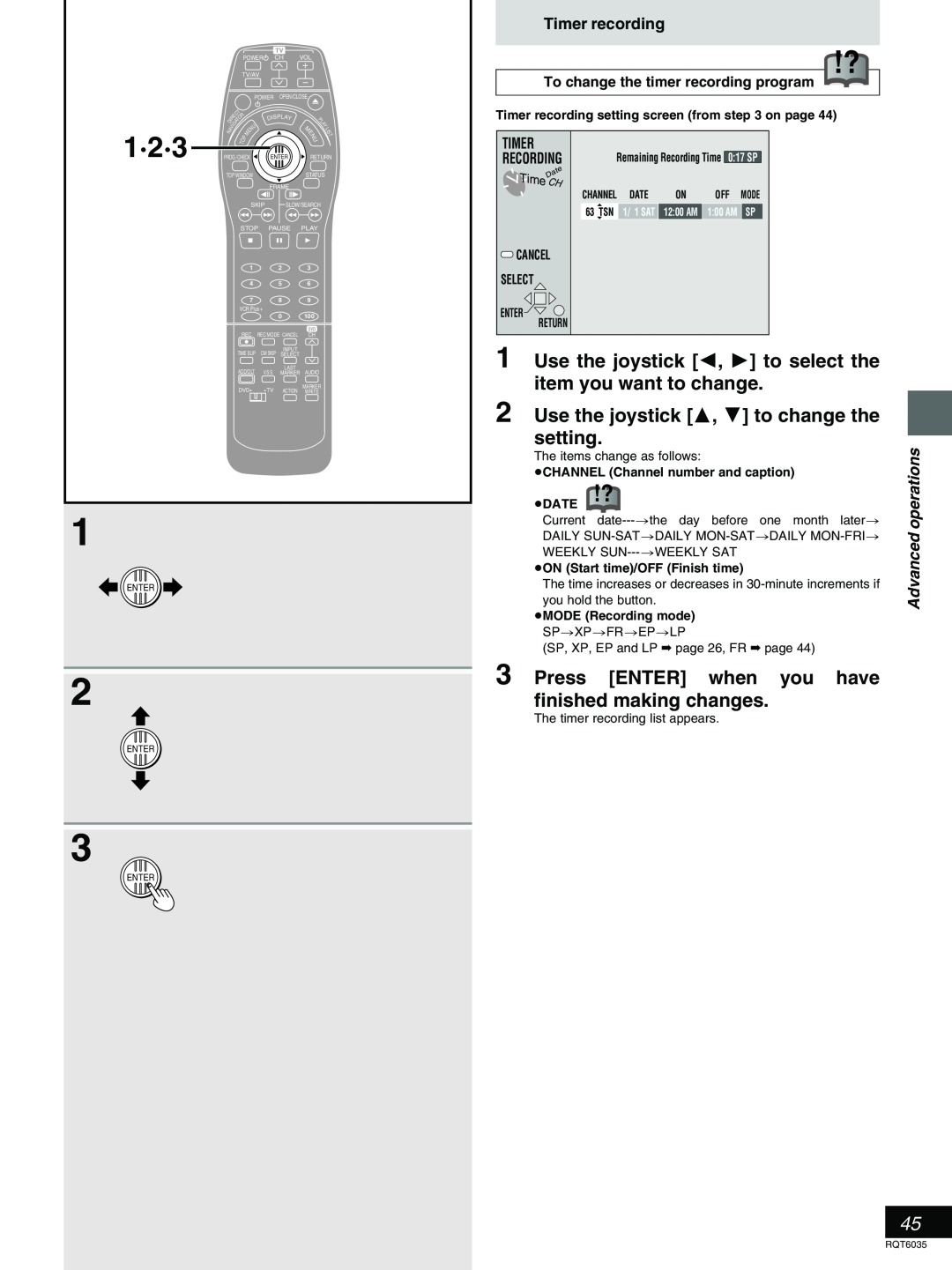 Panasonic DMR-E20 1·2·3, Use the joystick 2, 1 to select the item you want to change, Timer recording, Advanced operations 