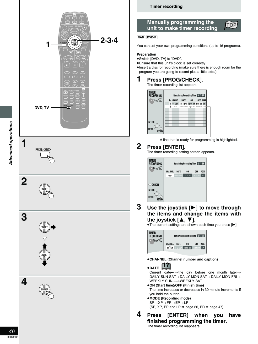 Panasonic DMR-E20 2·3·4, Manually programming the, unit to make timer recording, Press PROG/CHECK, Press ENTER, Dvd, Tv 