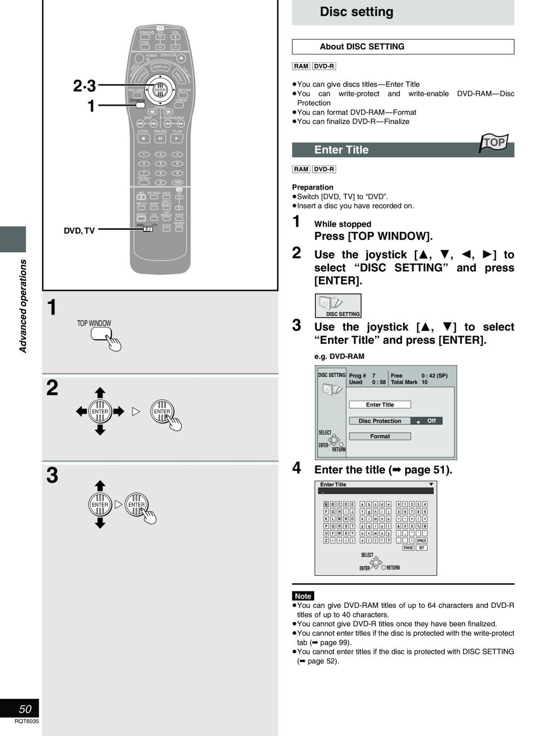 Panasonic DMR-E20 Disc setting, Use the joystick 3, 4 to select “Enter Title” and press ENTER, Enter the title page 