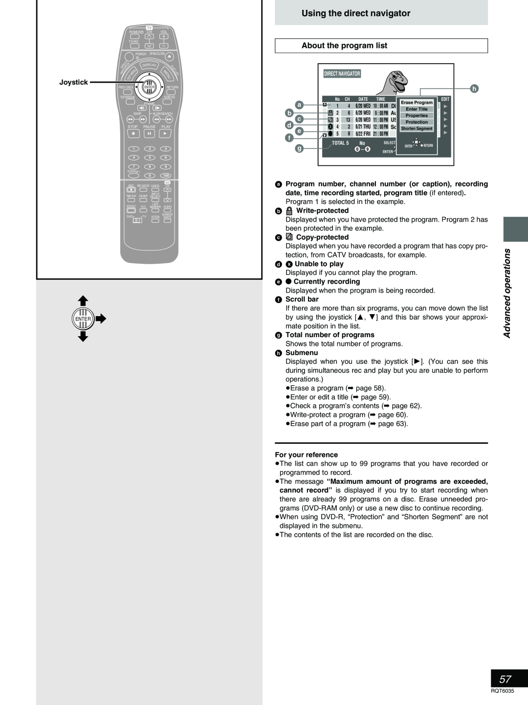 Panasonic DMR-E20 warranty Using the direct navigator, About the program list 