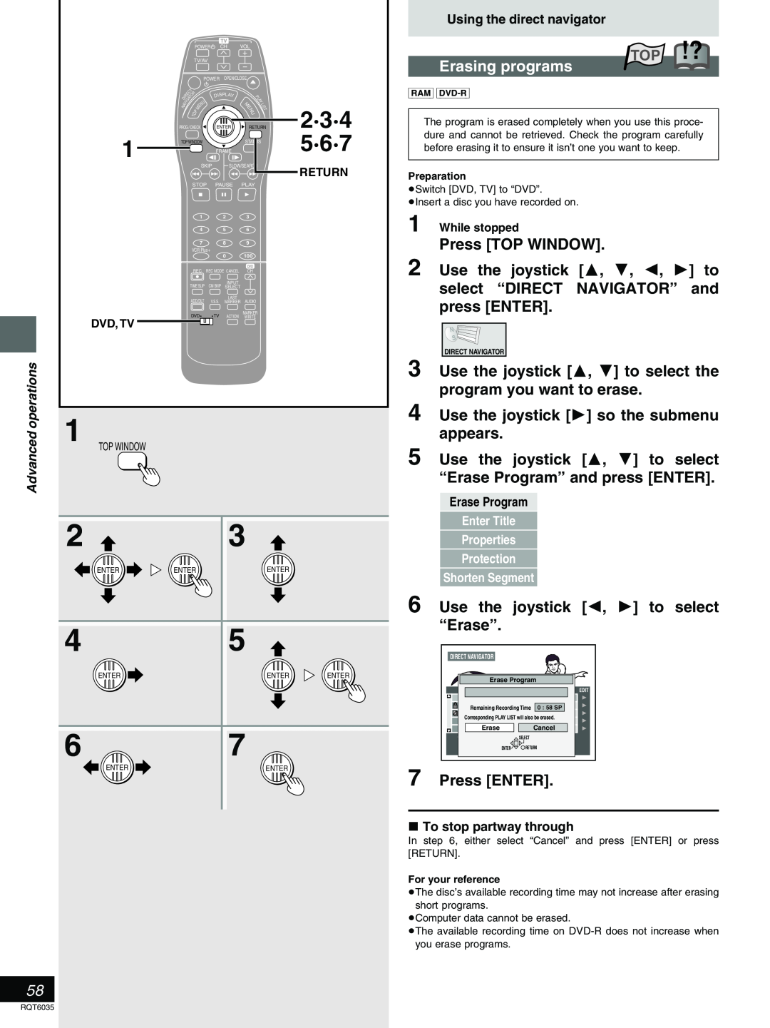 Panasonic DMR-E20 5·6·7, 2·3·4, Erasing programs, Press TOP WINDOW, Use the joystick 3, 4, 2, 1 to, press ENTER, Top !? 