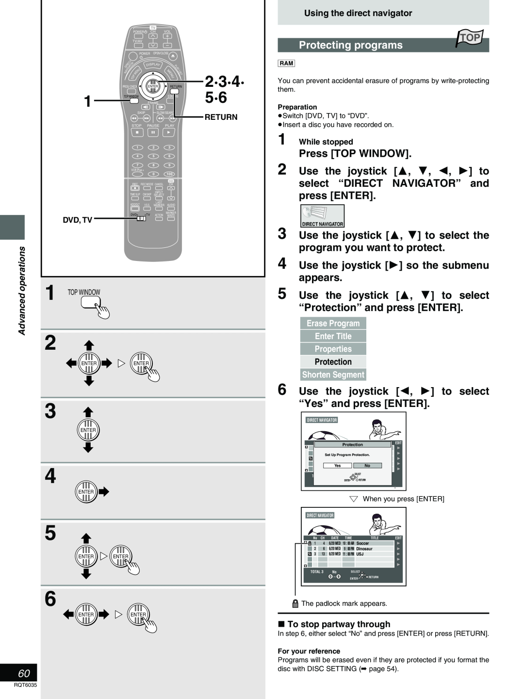 Panasonic DMR-E20 2·3·4· 5·6, Protecting programs, Press TOP WINDOW, Use the joystick 3, 4, 2, 1 to, press ENTER, Dvd, Tv 