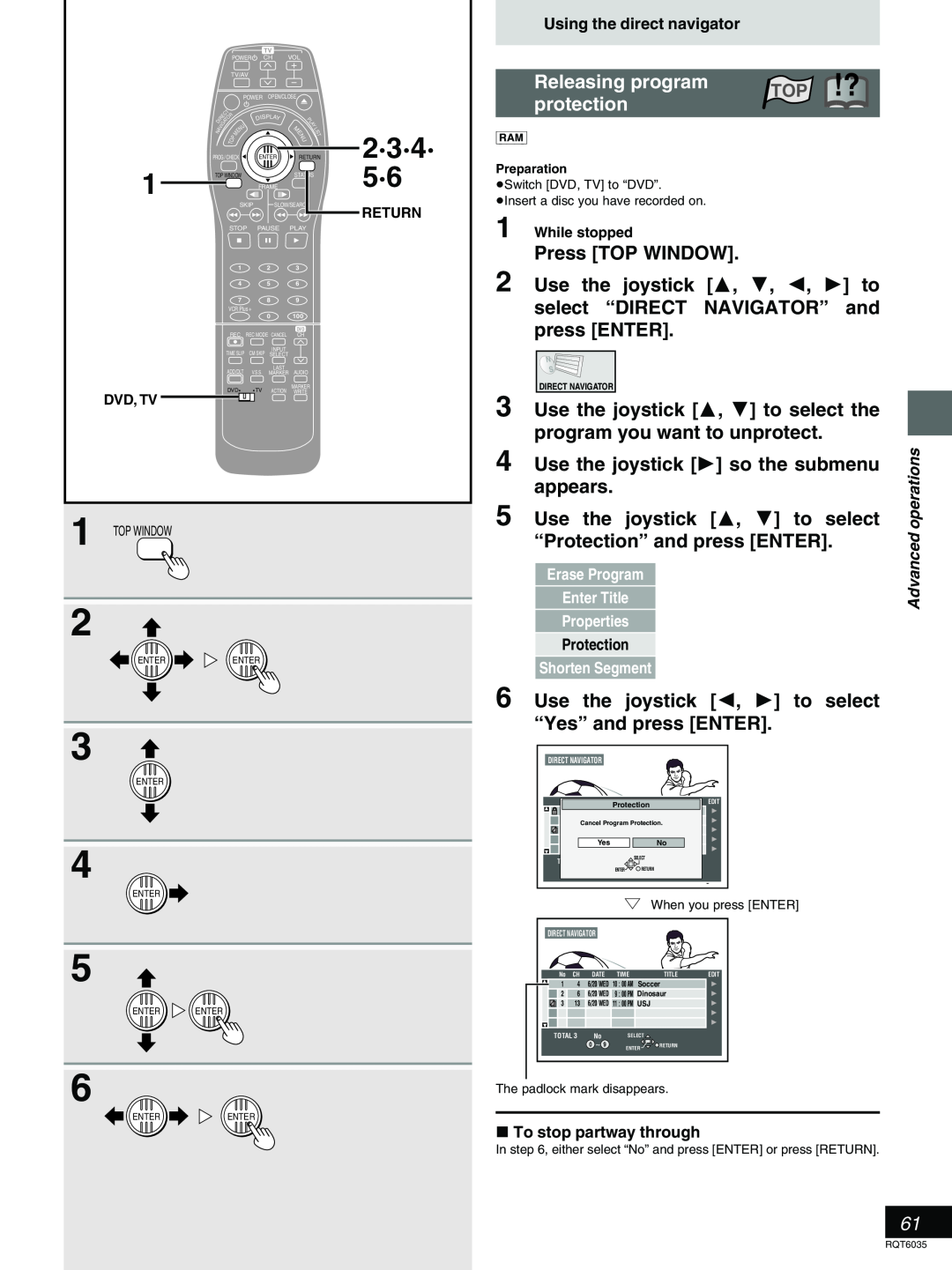 Panasonic DMR-E20 2·3·4· 5·6, Releasing program, protection, Press TOP WINDOW, Use the joystick, 4, 2, 1 to, press ENTER 