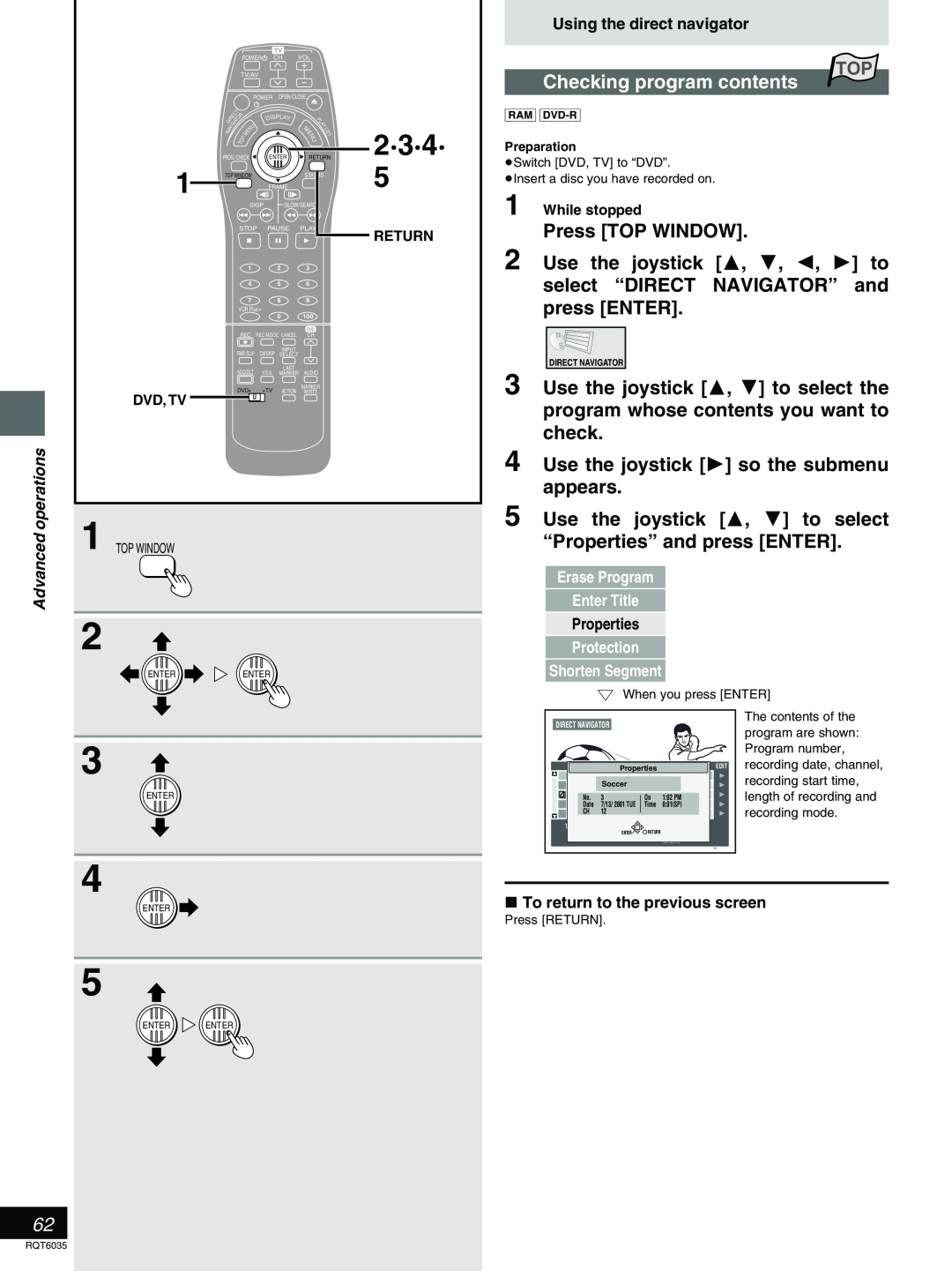 Panasonic DMR-E20 2·3·4·, Checking program contents, Press TOP WINDOW, Use the joystick 3, 4, 2, 1 to, press ENTER, Return 
