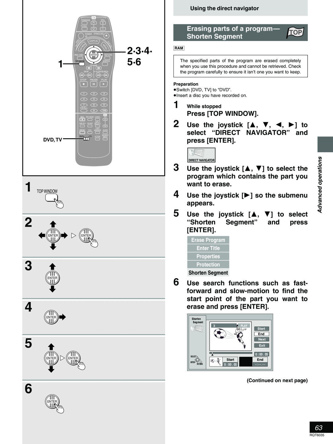 Panasonic DMR-E20 2·3·4·, Erasing parts of a program, Shorten Segment, Press TOP WINDOW, Use the joystick 3, 4, 2, 1 to 