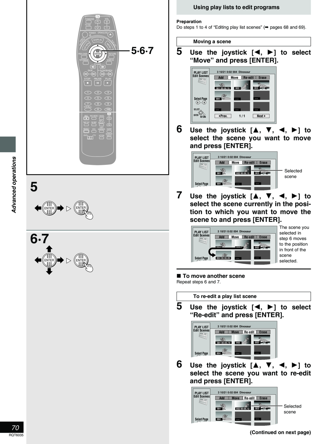 Panasonic DMR-E20 5·6·7, Use the joystick 2, 1 to select, “Move” and press ENTER, operations, º To move another scene 